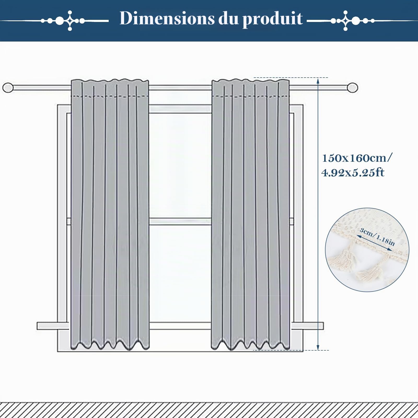 Lot de 2 rideaux en voile - Boho - Macramé - Rideaux vintage - Beige - 150 x 160 cm (L x H) - Pour salon, chambre à coucher