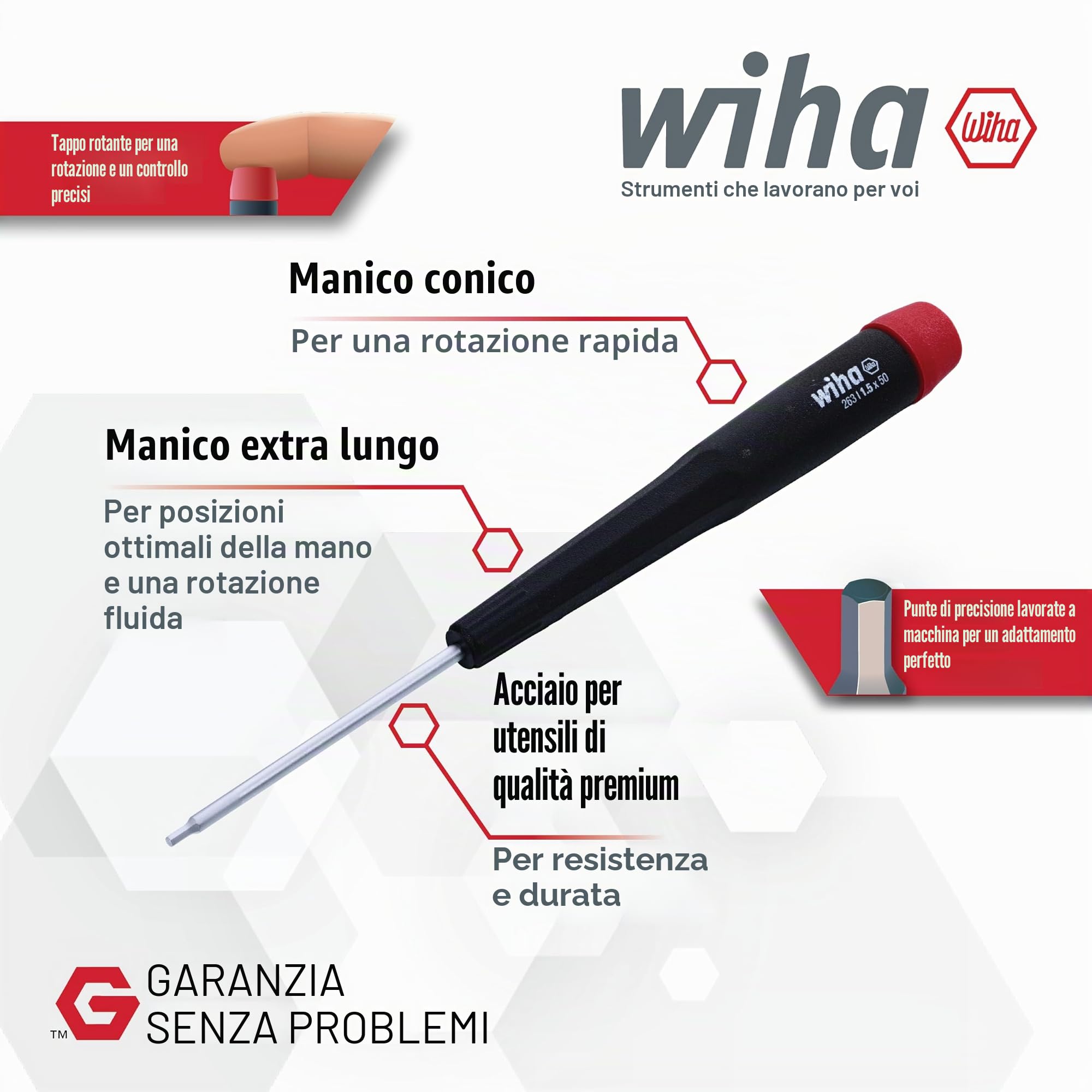 Wiha 26390, Set di cacciaviti esagonali metrici con impugnatura di precisione, da 0,7 a 3 mm, 7 pezzi