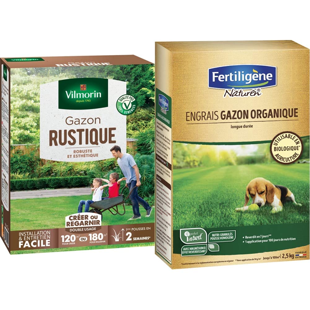 Vilmorin 4460415 Gazon Rustique, Vert, 3 kg & NATUREN Engrais Gazon Organique 100m² 2,5kg