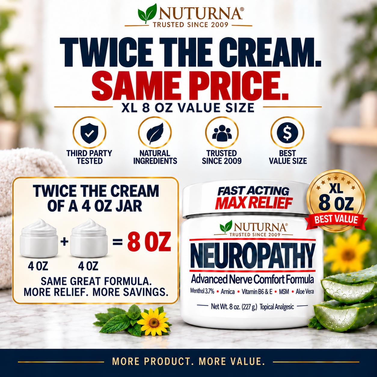 Neuropathy Nerve Cream - Fast-Acting Maximum Strength 3.7% Menthol for Feet, Hands, Legs & Toes - Cooling Nerve Comfort - Non-Greasy with Arnica, MSM & Aloe Vera - Made in USA - XL 8 oz Value Size — Amazon image 6