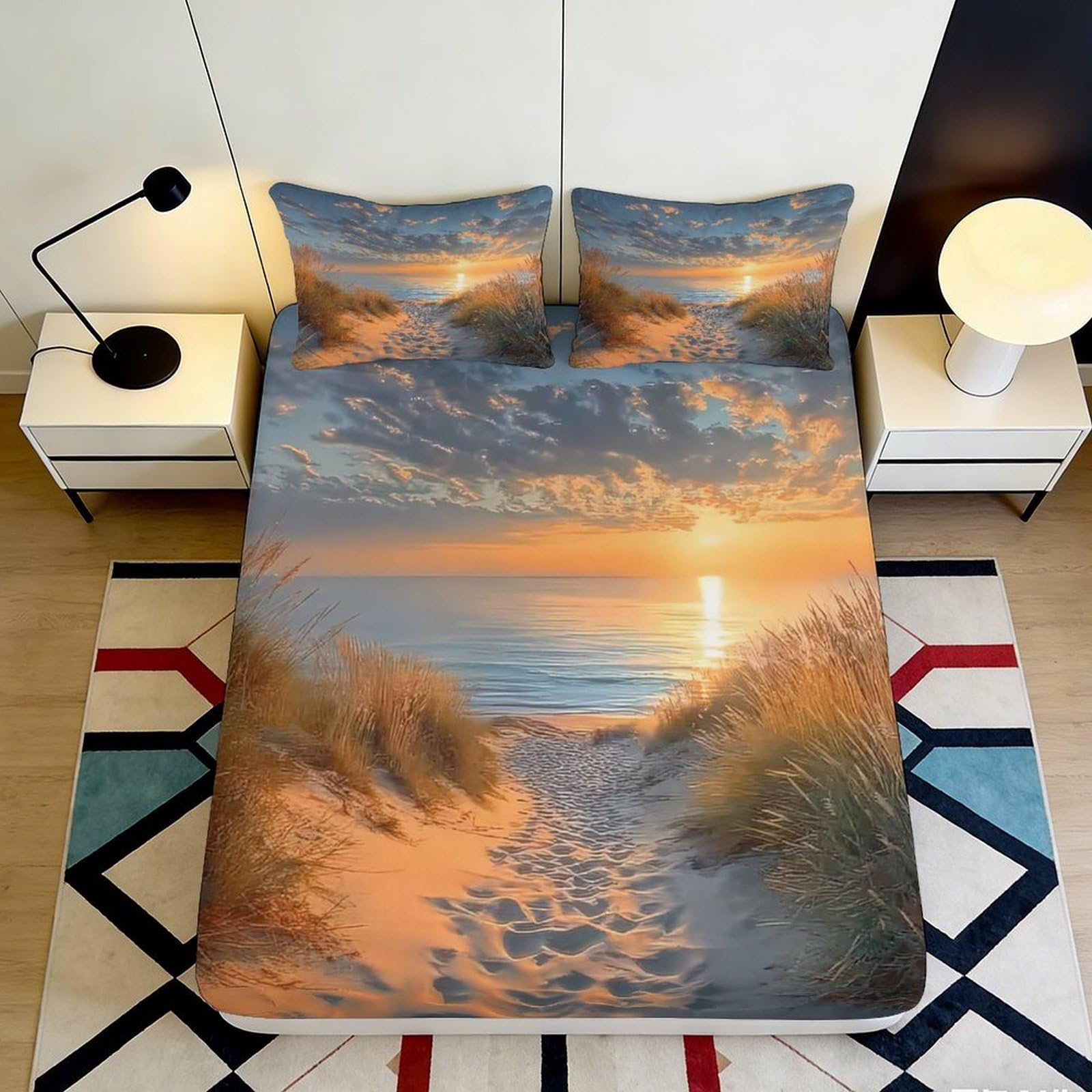 3D Printed Beach Scenery Fitted Sheet Microfiber Bedroom Bedding Set Beach Scene Mattress Fitted Cover Deep Pocket Non-Slip Elastic Hem Full Wrap Washable for All Ages 120x200x25cm