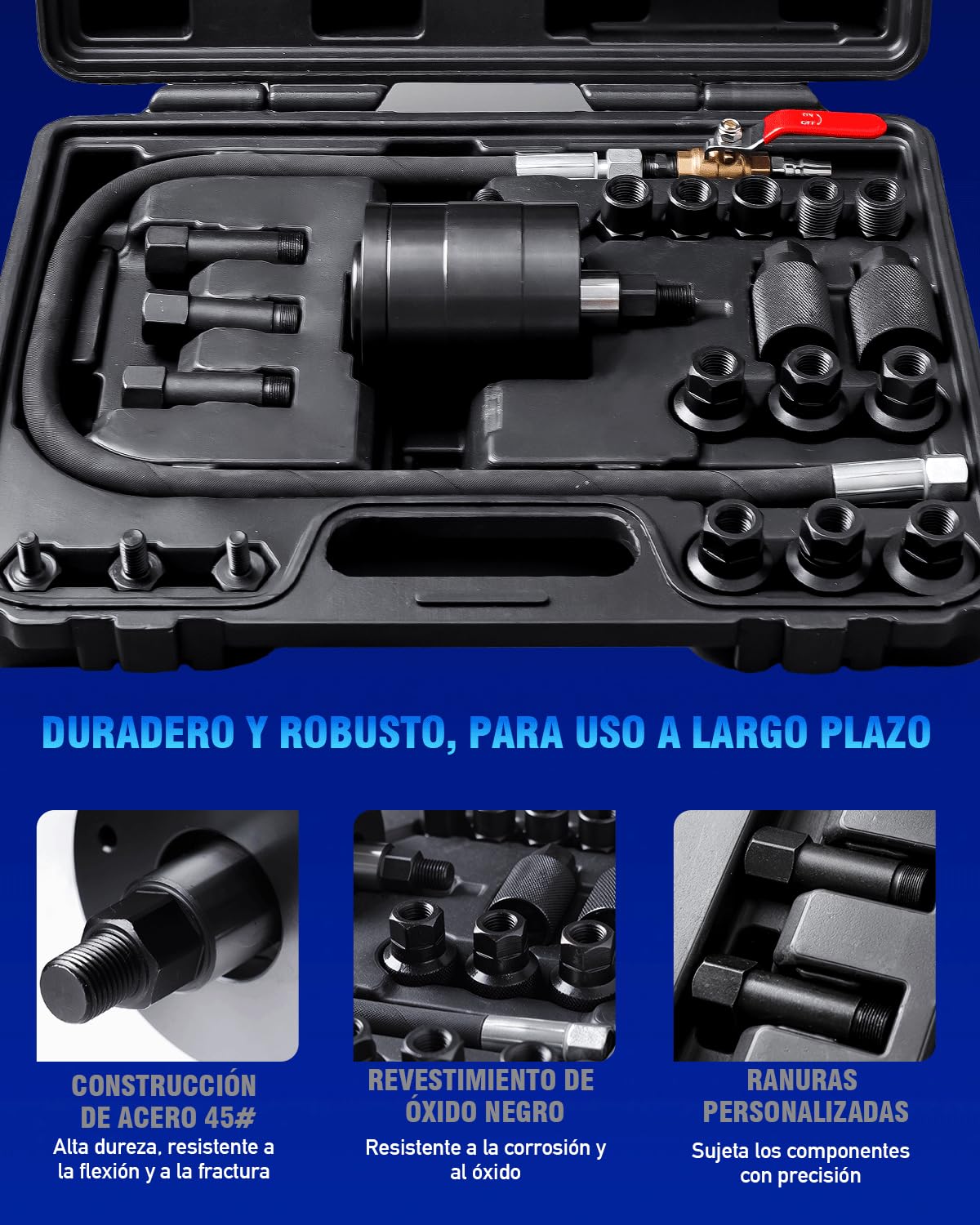 24 PCS Extractor de Inyectores Diesel Neumático con 19 Adaptadores M12–M27 | Extractor Neumático Inyectores con 3 Conectores 1/4" (US/UK/EU), Construcción en Acero Reforzado, 5–8 bar