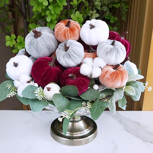 Vista 33 de Juego de 16 calabazas de terciopelo sintético surtidas, decorativas, color verde azulado, verde, gris, marfil, calabazas de espuma de tela