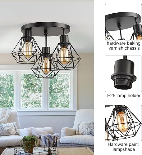 Miniatura 6 de Lámpara de techo industrial de 3 luces, lámpara de techo de jaula de hierro, 3 lámparas cerca del techo, lámpara moderna para dormitorio, entrada,