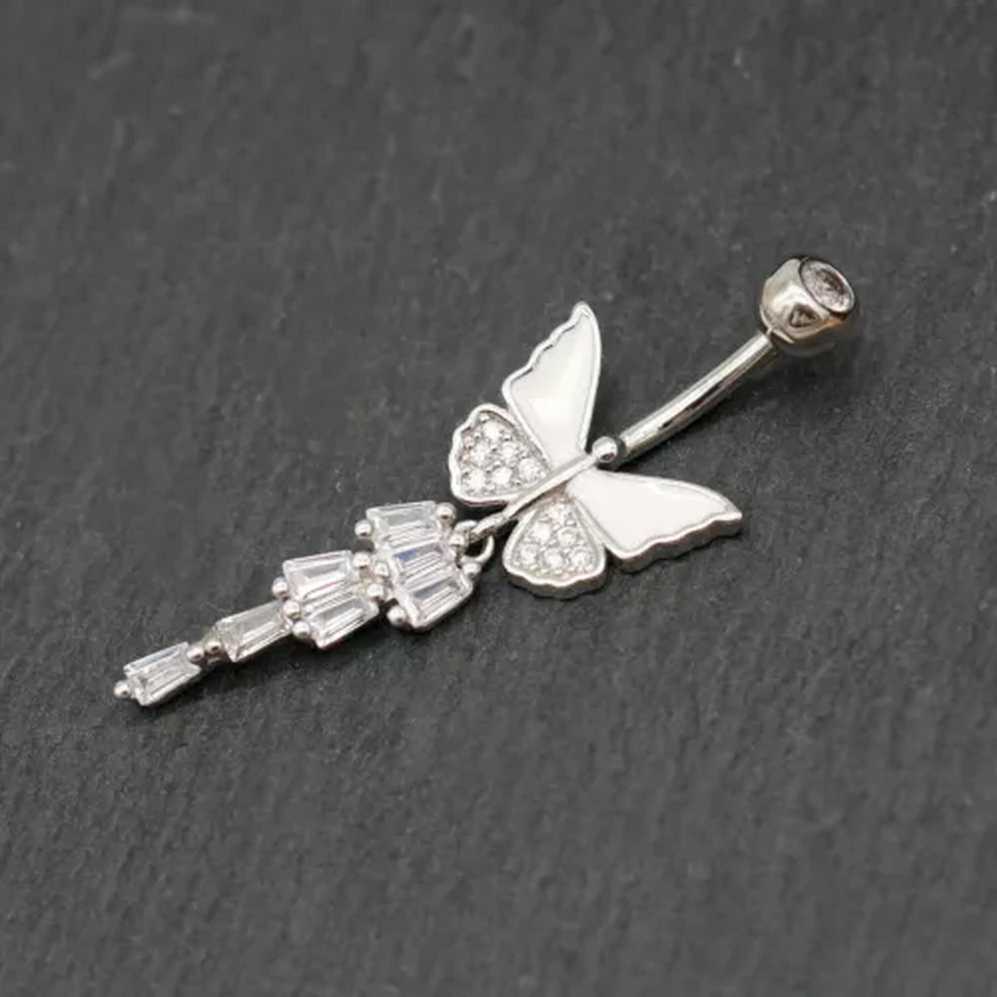 Piercing all'ombelico con Barra a Forma di Farfalla in Argento Sterling con Cristallo CZ A4435-6mm