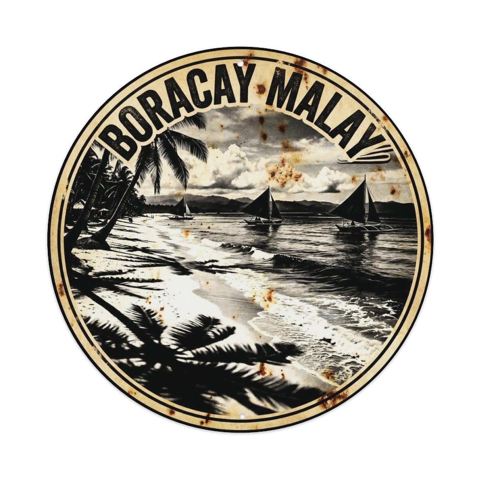 Olyhtr 8X8inch Classic Style Boracay Malay Coastal Journey Black White Metal Tin Sign