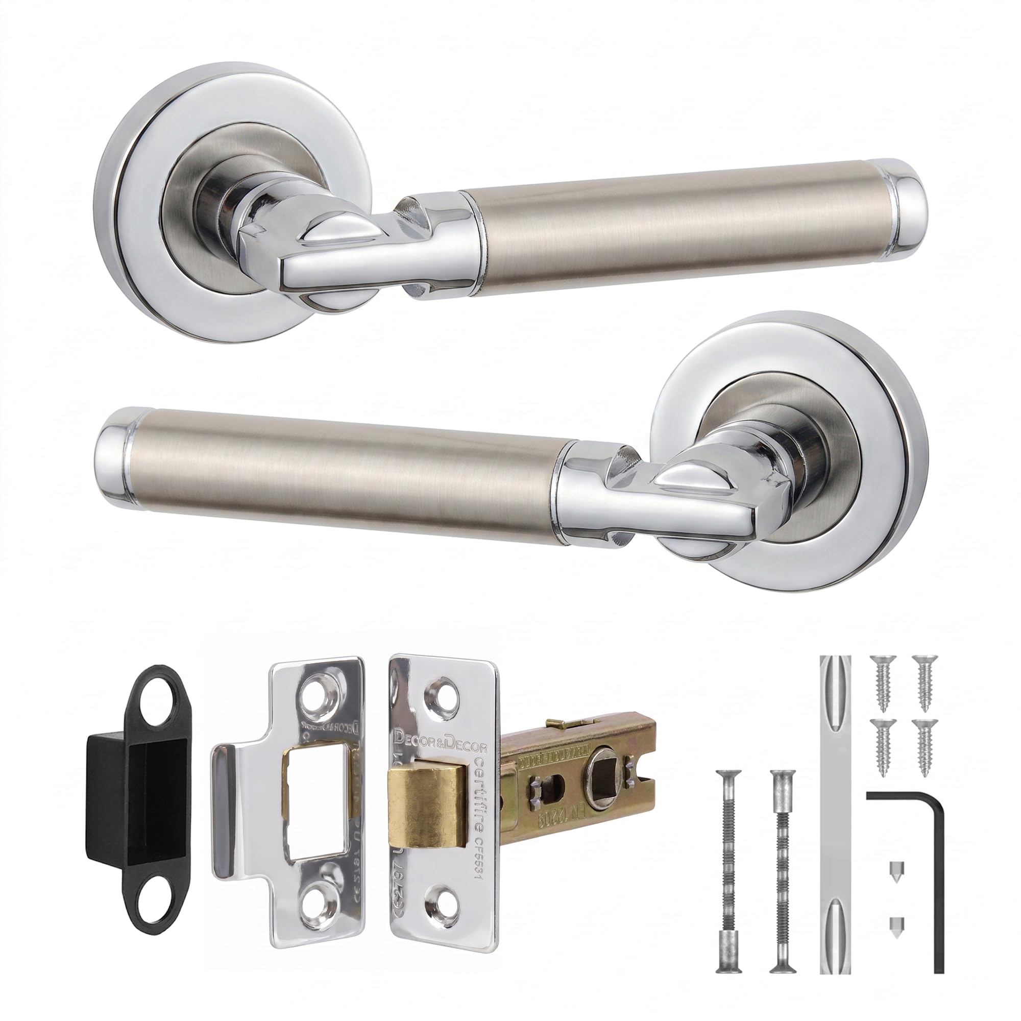 Decoranddecor Brushed Chrome, Silver Chrome Door Handles Internal Sets, Fire Rated Latch