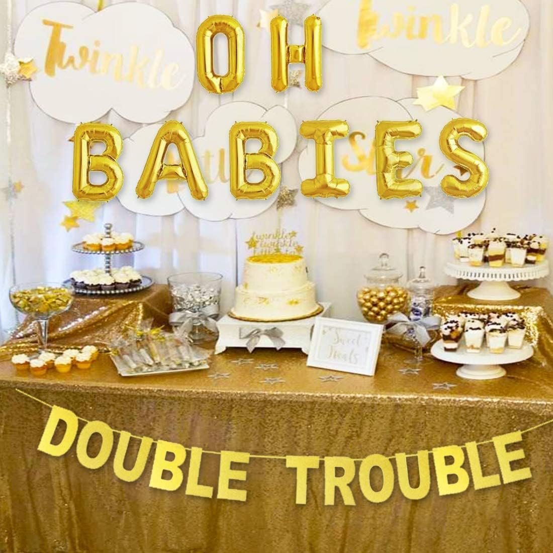 Twins Baby Shower Decorations Set Gold Theme, Double Trouble Banner, OH BABIES Balloons, Mummy To Be Sash for Babies Party Supplies