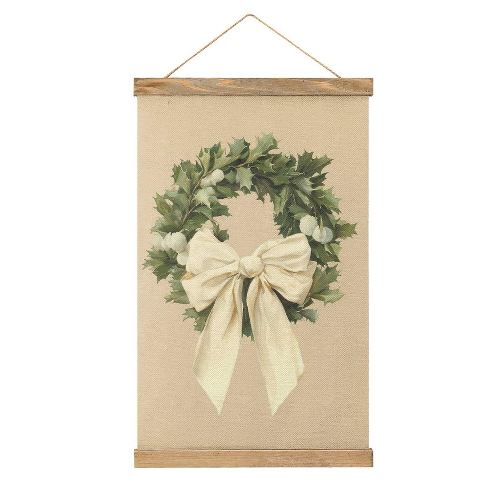 Jubonexis Evergreen Wreath with Cream Velvet Ribbon Bow Canvas Painting Wood Frames Poster Hanger Hanging Picture Kit Wall Art