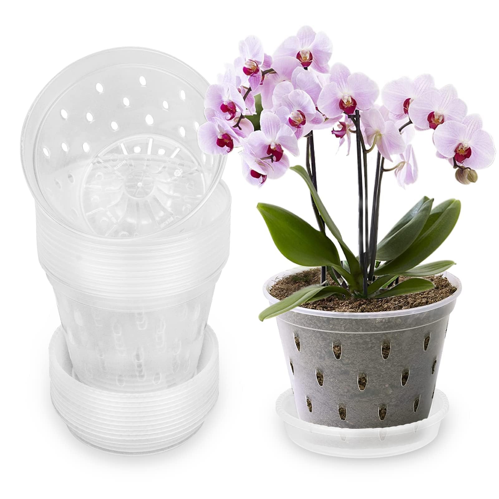 Orchid Pot, Orchid Pots with Holes 5.5 inch Orchid Pots 5 Pack, Clear Plastic Plant Pot with Holes and Saucers for Indoor Outdoor Flower Plants, Succulent Plants, Orchid, House, Gardening