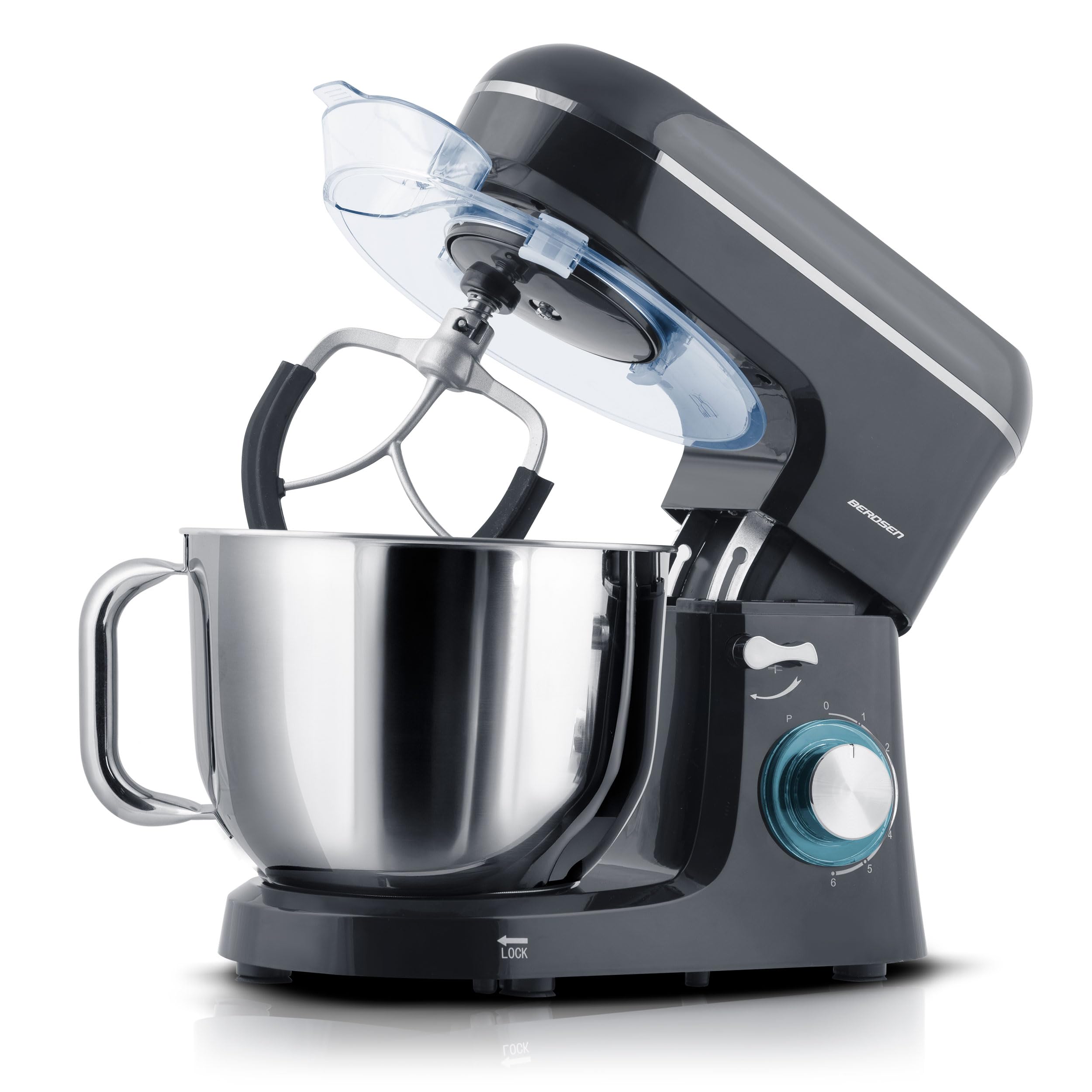 Berdsen Robot Planetarny 1400W - Mikser Kuchenny - Misa ze Stali Nierdzewnej 6 l - Wielofunkcyjny - 6 Prędkości - Czarny-srebrny