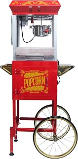 Vintage Popcorn Machine with Cart and Wheels, 6 Oz Stainless Steel Kettle, Nostalgic Popcorn Maker with Oil Spoon, Popcorn Cups, and Storage Cabinet for Home Theater & Commercial Use (Red, 54")