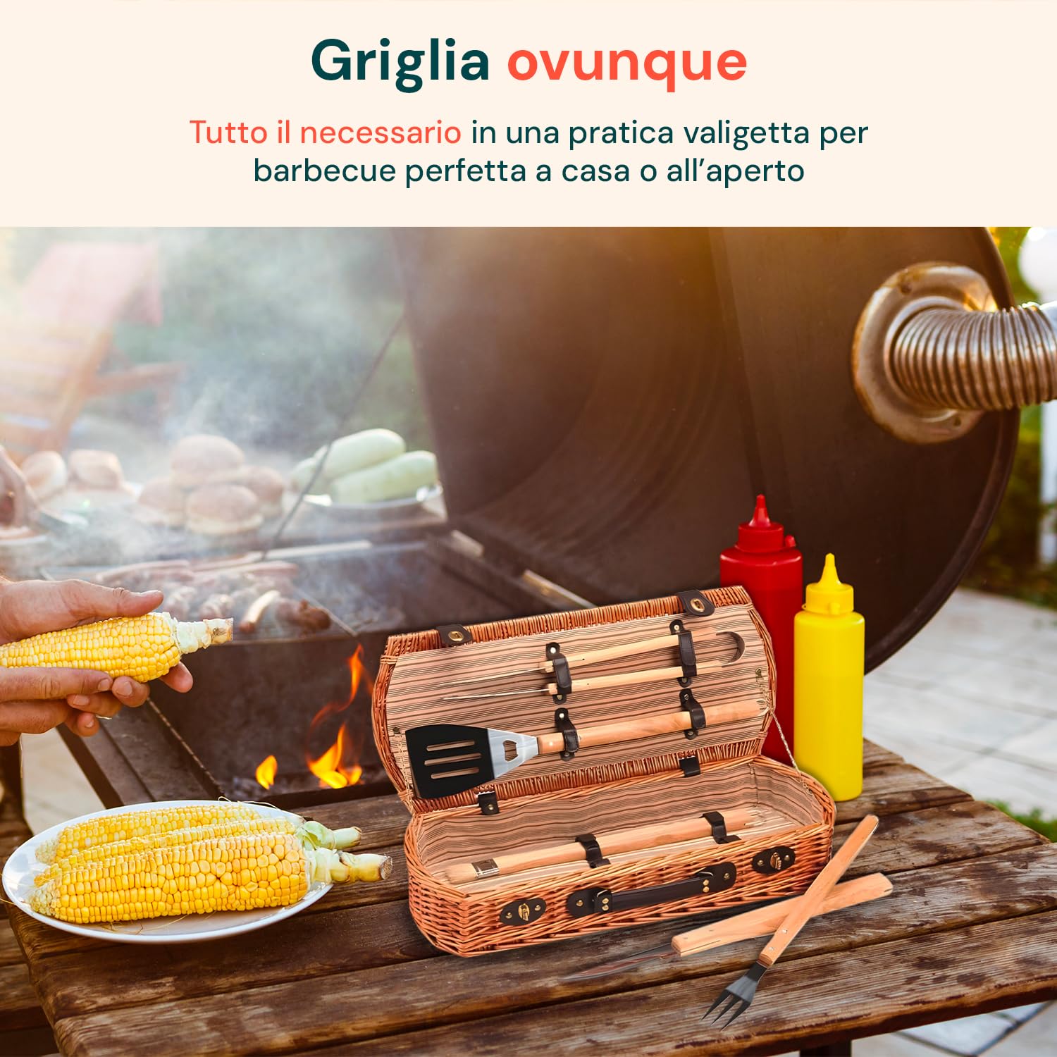 Avilia Bolsa de Herramientas para Barbacoa de Mimbre, Juego de Barbacoa portátil con 5 Accesorios en maletín, Kit para Barbacoa de Camping, Herramientas de Barbacoa de Viaje y Picnic al Aire Libre