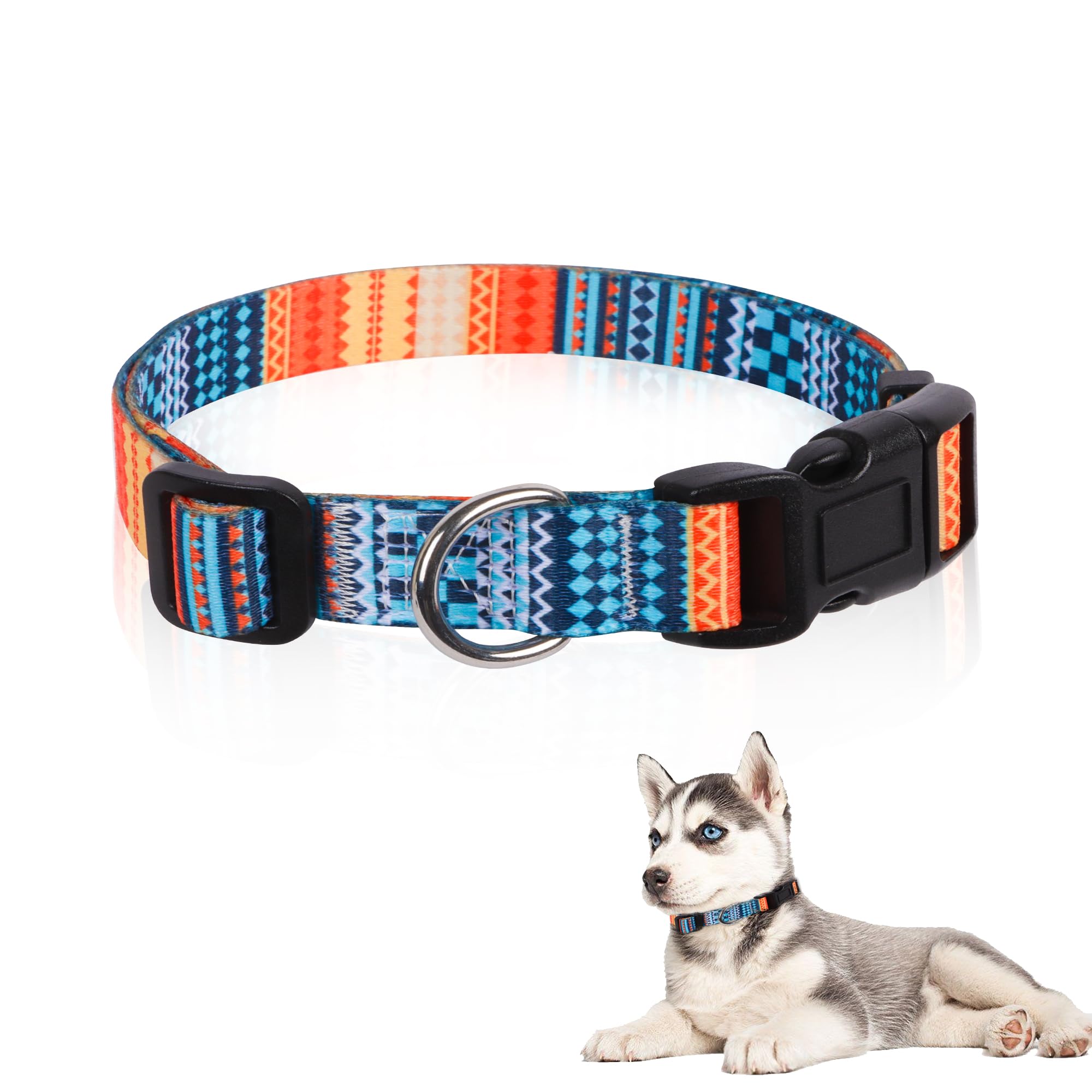 KaketMulti-coloured Dog Collar for Small Dogs, Soft Dog Collars with Bohemia Tribal Geometric Patterns, Adjustable Pet Collar for Dogs Puppys Cats Kittens (Bohemia - Orange, S)