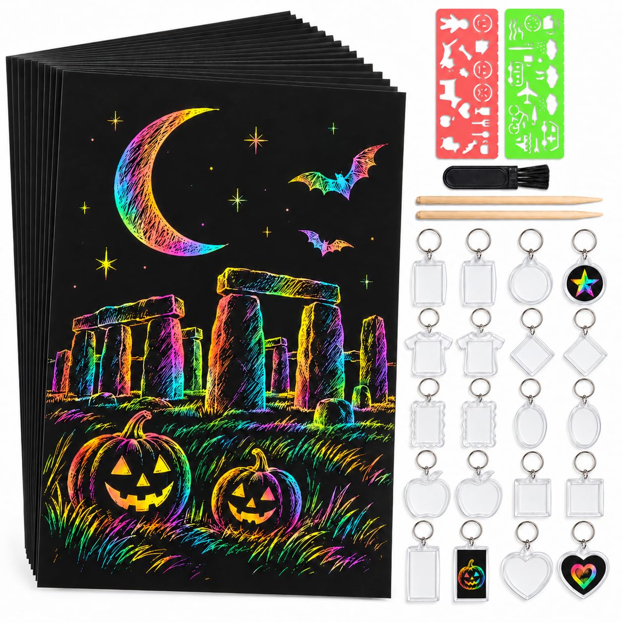 Scratch Art for Kids, Large A4 Rainbow Scratch Paper Set, 20 Craft Paper Sheets, 2 Stencils, 2 Bamboo Styluses, 1 Brush, Room for Creativity, Arts and Crafts for Kids, Plus 20 Blank DIY Charms
