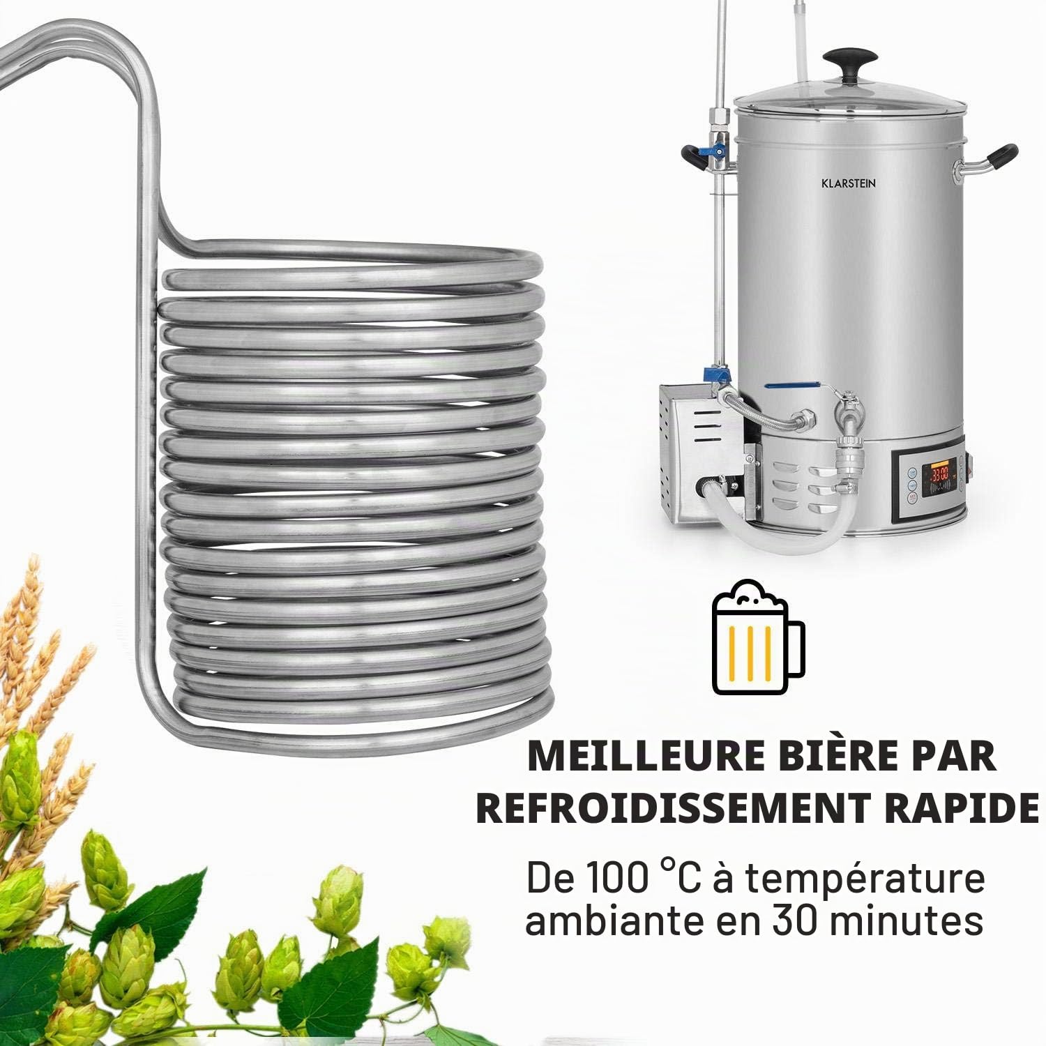 KLARSTEIN Chiller 12 - Refroidisseur à Immersion, Spirale de Refroidissement à Eau, Refroidisseur à moût, Refroidissement Rapide du moût de bière, 21.5 cm Ø, 18 Spirales de Refroidissement, Argent