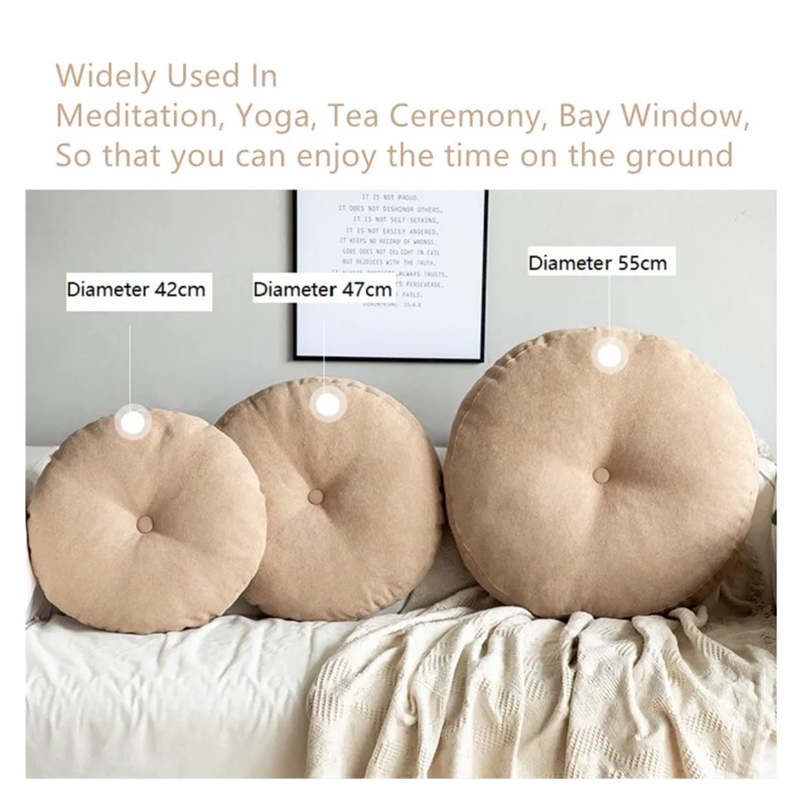 Grande cuscino rotondo da meditazione per adulti, spesso, color crema, cuscino da yoga, 47 cm, ideale per sedute all'aperto e comfort in attività di relax e benessere