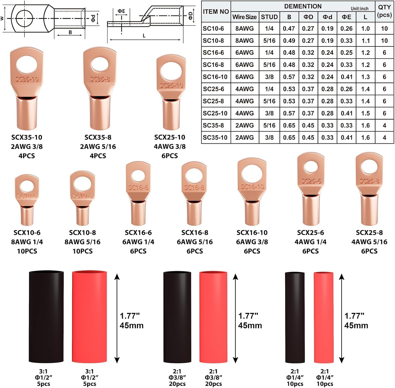Batterie-Kabelschuh-Crimpzange für AWG 10-1/0 elektrische Kabelschuhe, mit 2 Kabelschneidern, 64 Ringkabelschuhen und 70 Schrumpfschläuchen