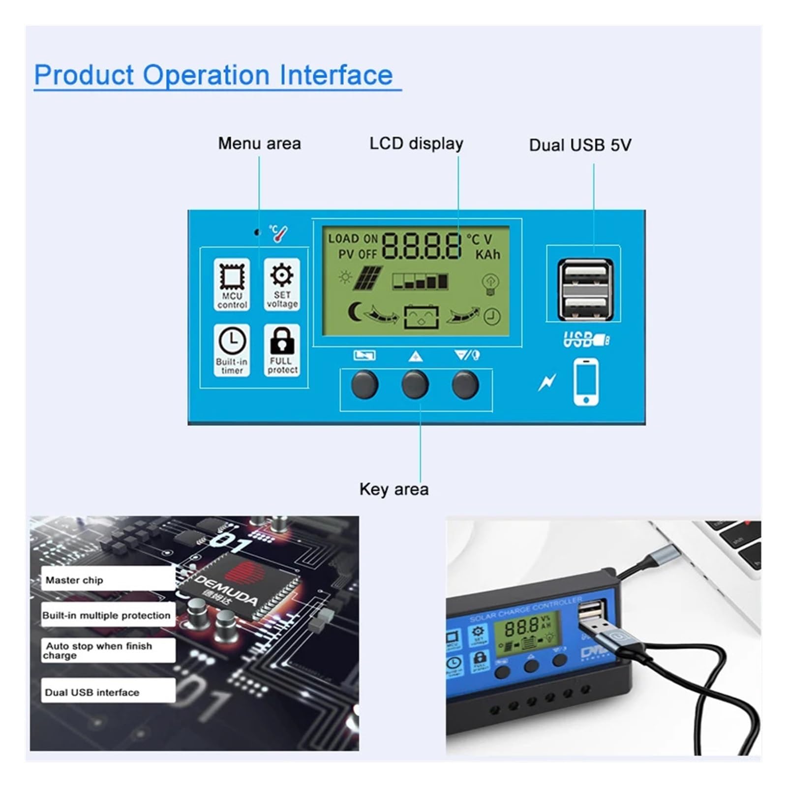 Regolatore di Carica Pannello Solare, Regolatore di carica solare PWM 60A 50A 30A 20A 10A 12/24V Regolatore del pannello solare Display LCD Doppia uscita USB 5V Regolatore fotovoltaico Carico(60A)