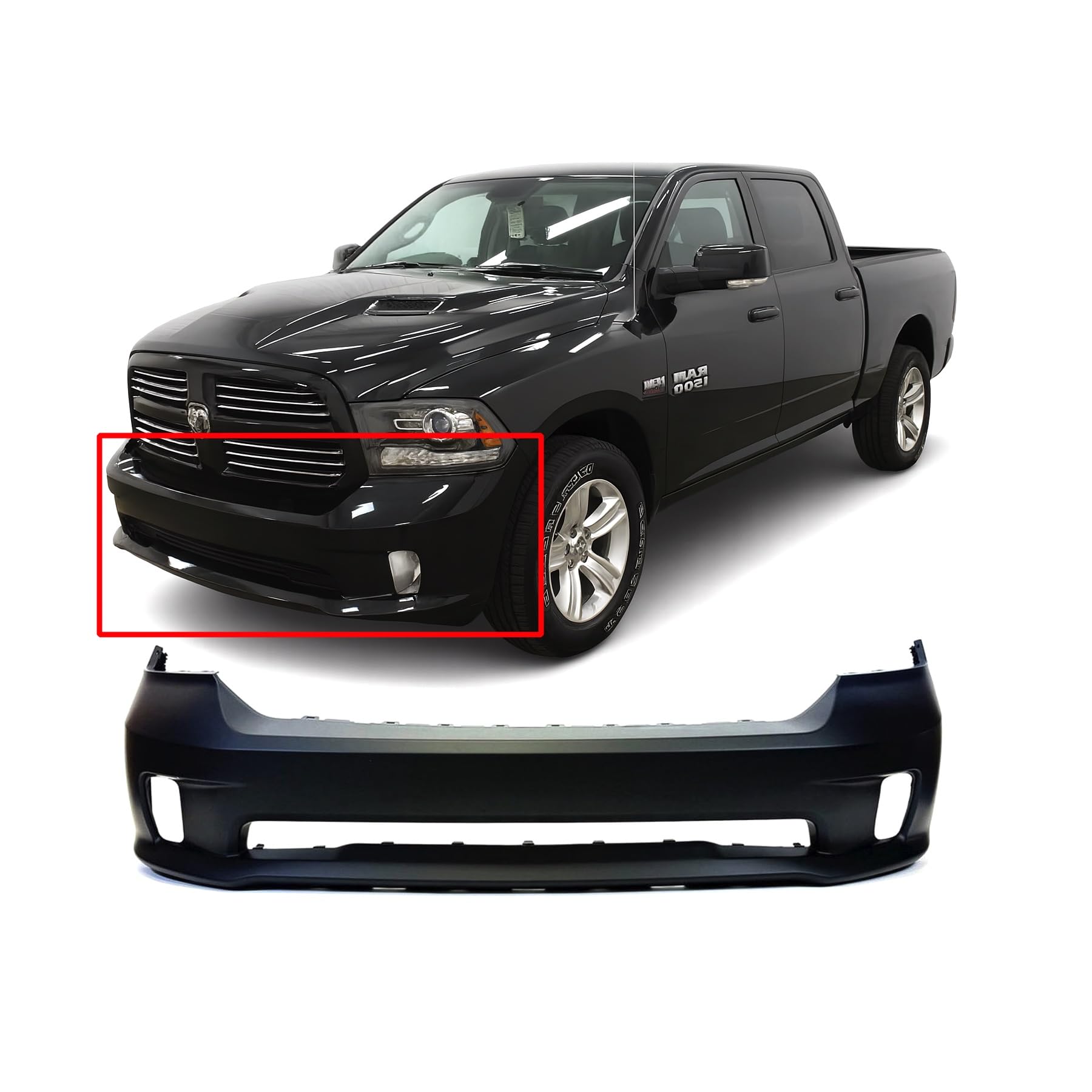 FitParts Compatible With Front Bumper Cover Dodge RAM 1500 2013-2018 Sport & Express Extended Standard Crew. New, Primed With Fog Light Holes. CH1000A10 68197698AA