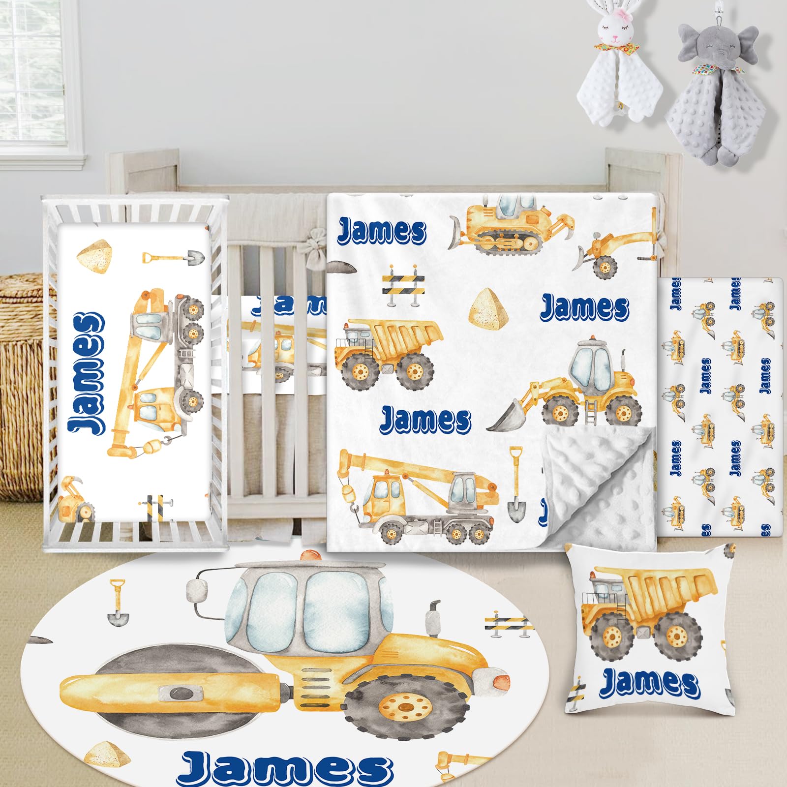 Custom Baby Crib Bedding Set - 5 Piece Nursery Crib Set Cars Design - Personalized Name Blanket with Dotted Backing, Crib Sheet, Changing Pad Cover, Pillow Cover, Rug for Newborns Color02