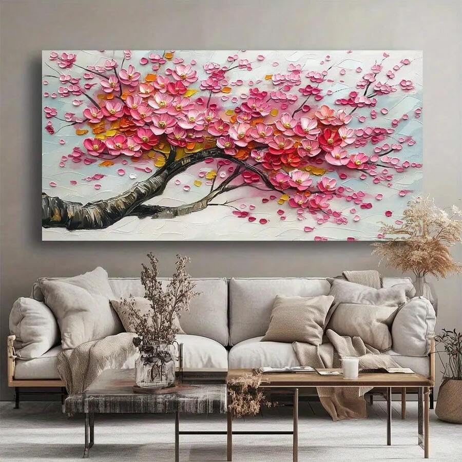 Toile arbre en fleurs roses pour créer un salon zen et lumineux