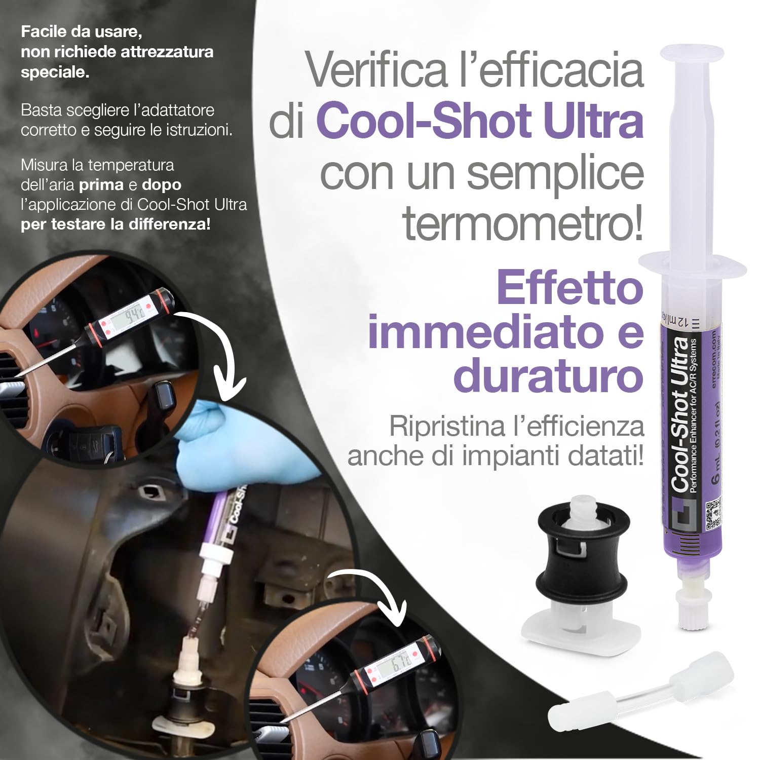 ERRECOM Cool-Shot Ultra, Additivo per Ripristinare l’Efficienza Originale degli Impianti di Climatizzazione Auto, siringa da 6 mL, Include Adattatore per Gas refrigerante R134a