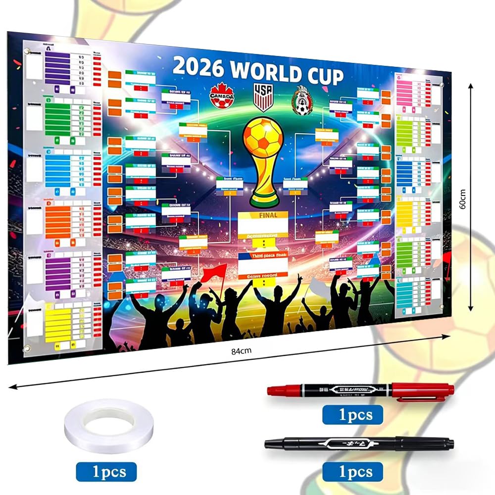 Poster 2026 con 2 penne, pianificatore di calcio, 84 x 60 cm, pianificazione del mondo 2026, poster per decorazione, contiene 48 squadre di gruppo Knockout e finale, tutti i risultati dei giochi