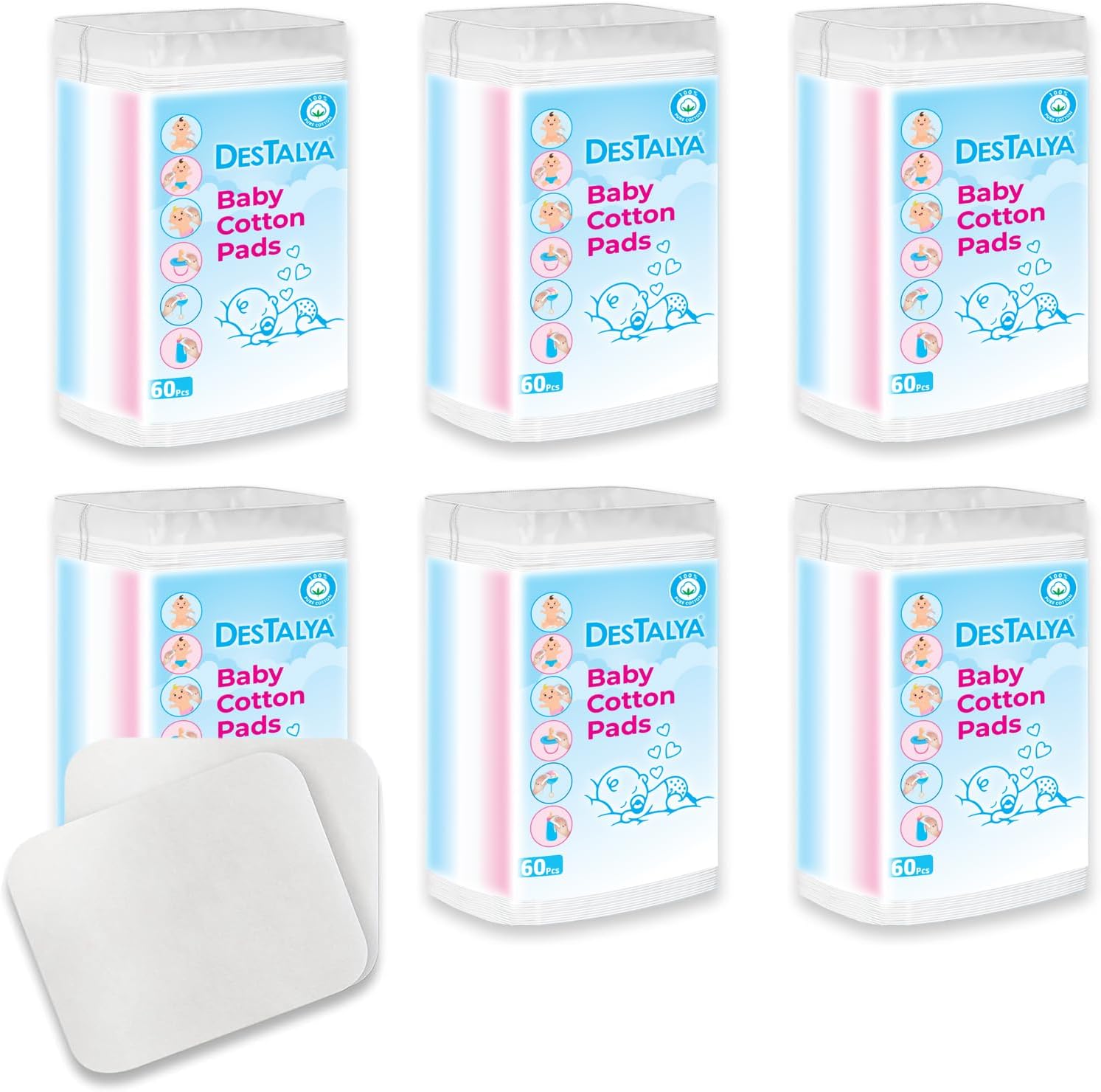 DESTALYA Baby Cotton Pads for Diaper Change | Large Cotton Squares for Sensitive Skin | Disposable Cleansing Wipes | Soft Washcloths for Care | Makeup Removal (Maxi Pads 360)