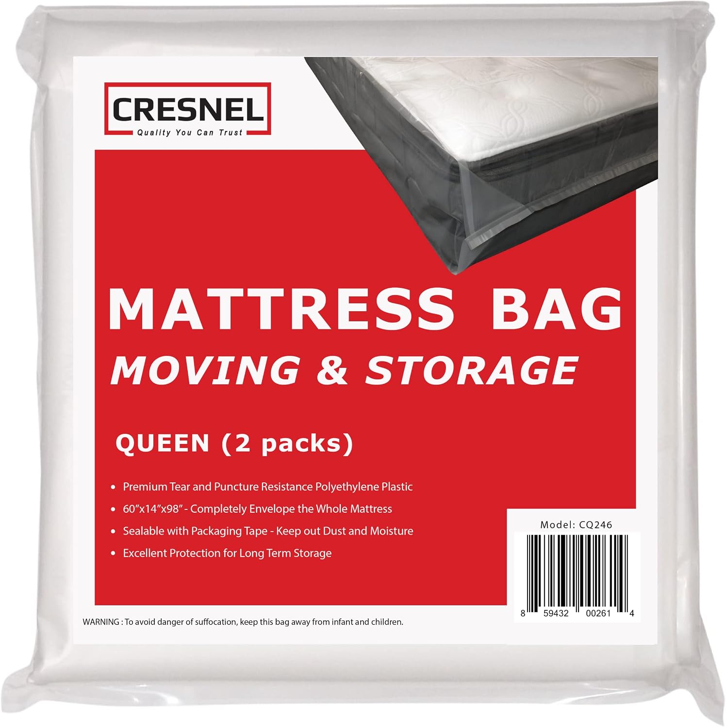 Mattress Bag for Moving & Long-Term Storage - Queen Size - Enhanced Mattress Protection with Extra Thick Tear & Puncture Resistance Polyethylene (Value Pack of 2pcs)