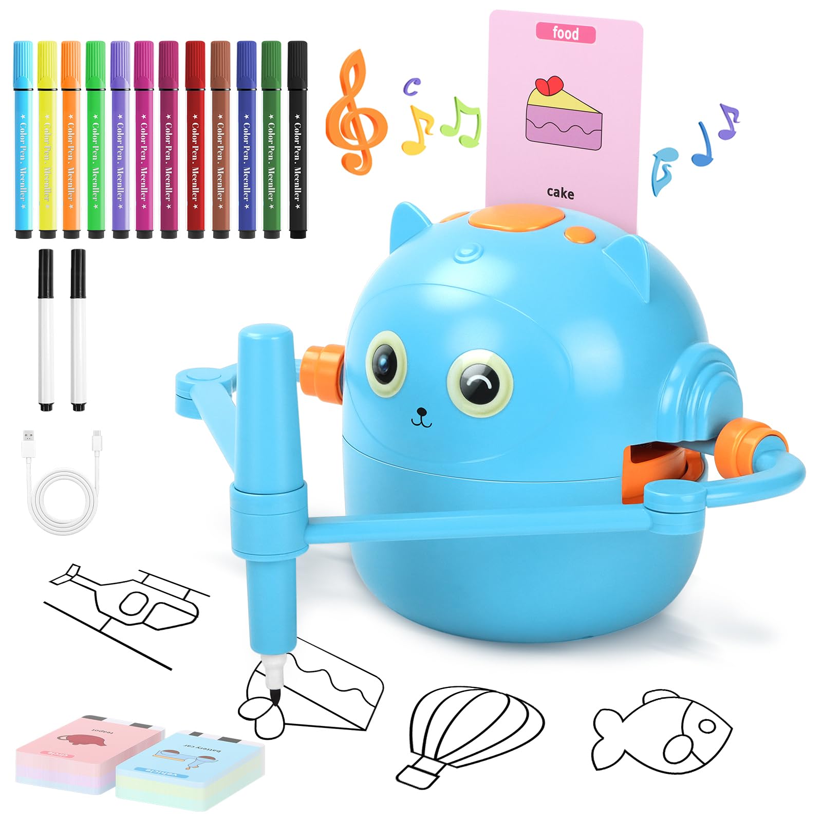 Charmofun Robot che Disegna per Bambini, Robot Disegno Bambini con 100 Cartoline, Robottino Giocattolo per Apprendimento Precoce, Robots Interattivo Vocale per Bambino Bambina dai 3 Anni in su (Blu)