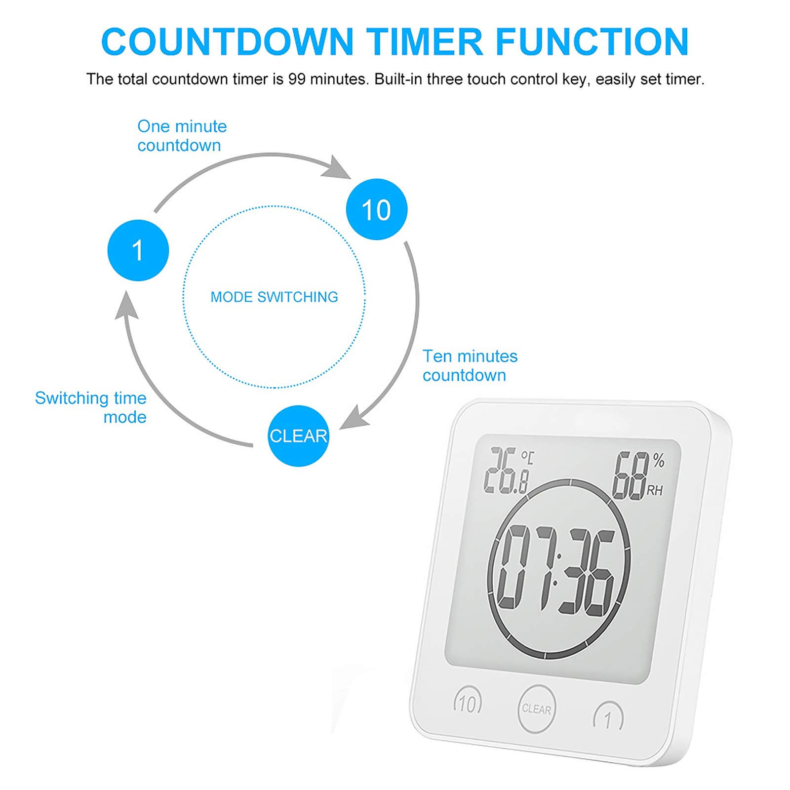 Reloj de Baño, LCD Reloj de Ducha Digital Alarma Impermeable Control Temperatura Humedad, Temporizador de Cuenta Regresiva, 3 Métodos de Montaje, Energía de la Batería