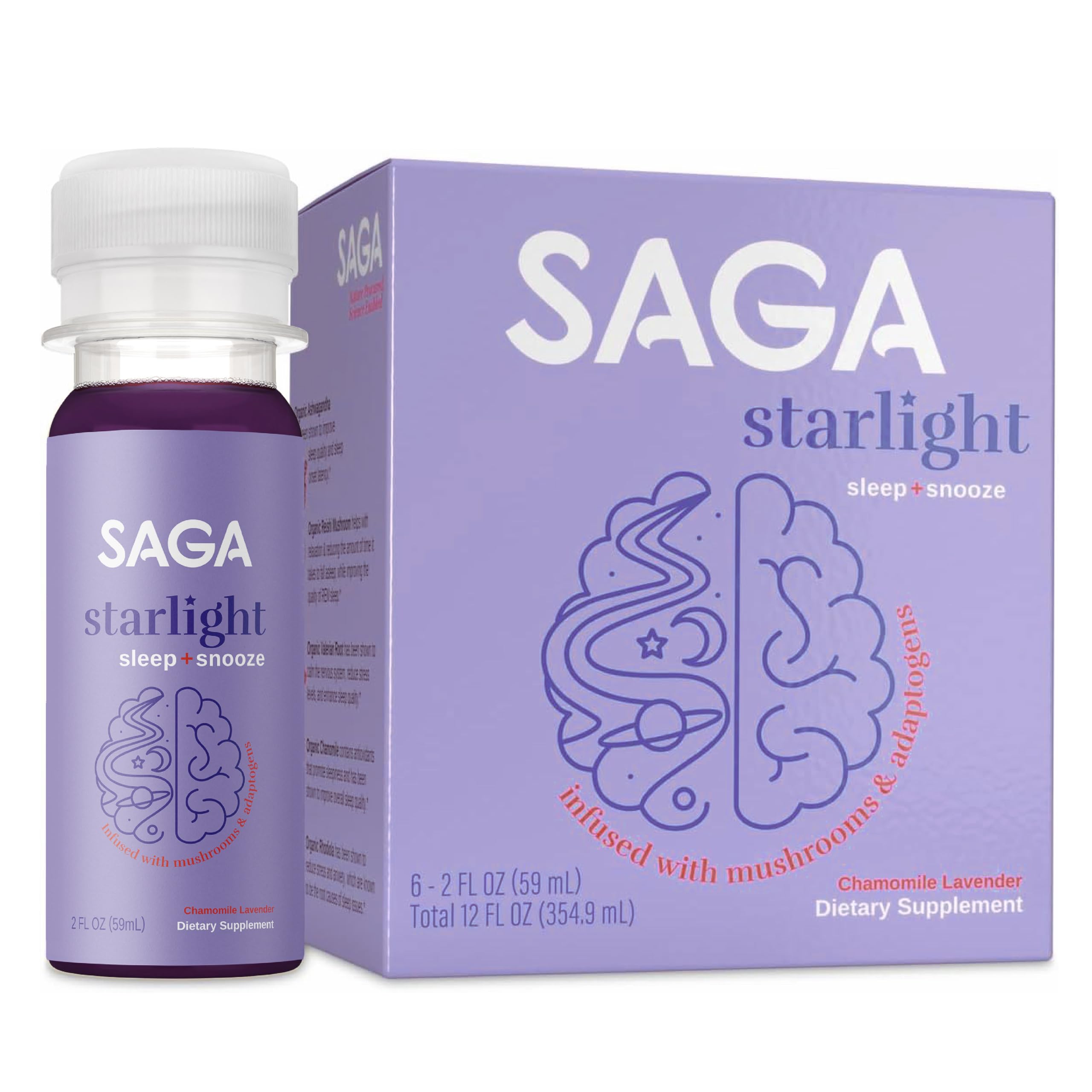 SAGA Starlight Organic Sleep Shots – Natural Sleep Aid with Melatonin, Reishi, Valerian Root, Ashwagandha, Chamomile – Sugar-Free, Vegan, Zero Calories, Plant-Based Sleep Support, Travel Size (2 Oz)