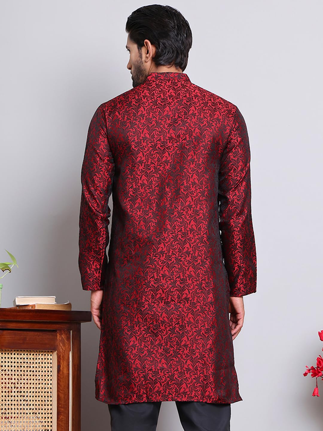Jompers Men's Jacquard Silk Kurta(Maroon, X-Large)