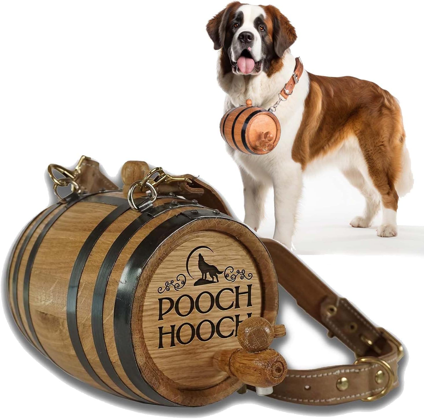 Saint Bernard Wooden Whiskey Barrel Dog Collar, 0.5 Liter Keg Dispenser | With Charred Oak Aging, Adjustable Leather Harness Strap, Pooch Hooch Alpine Rescue Dog Accessories & Novelty Pet Gift