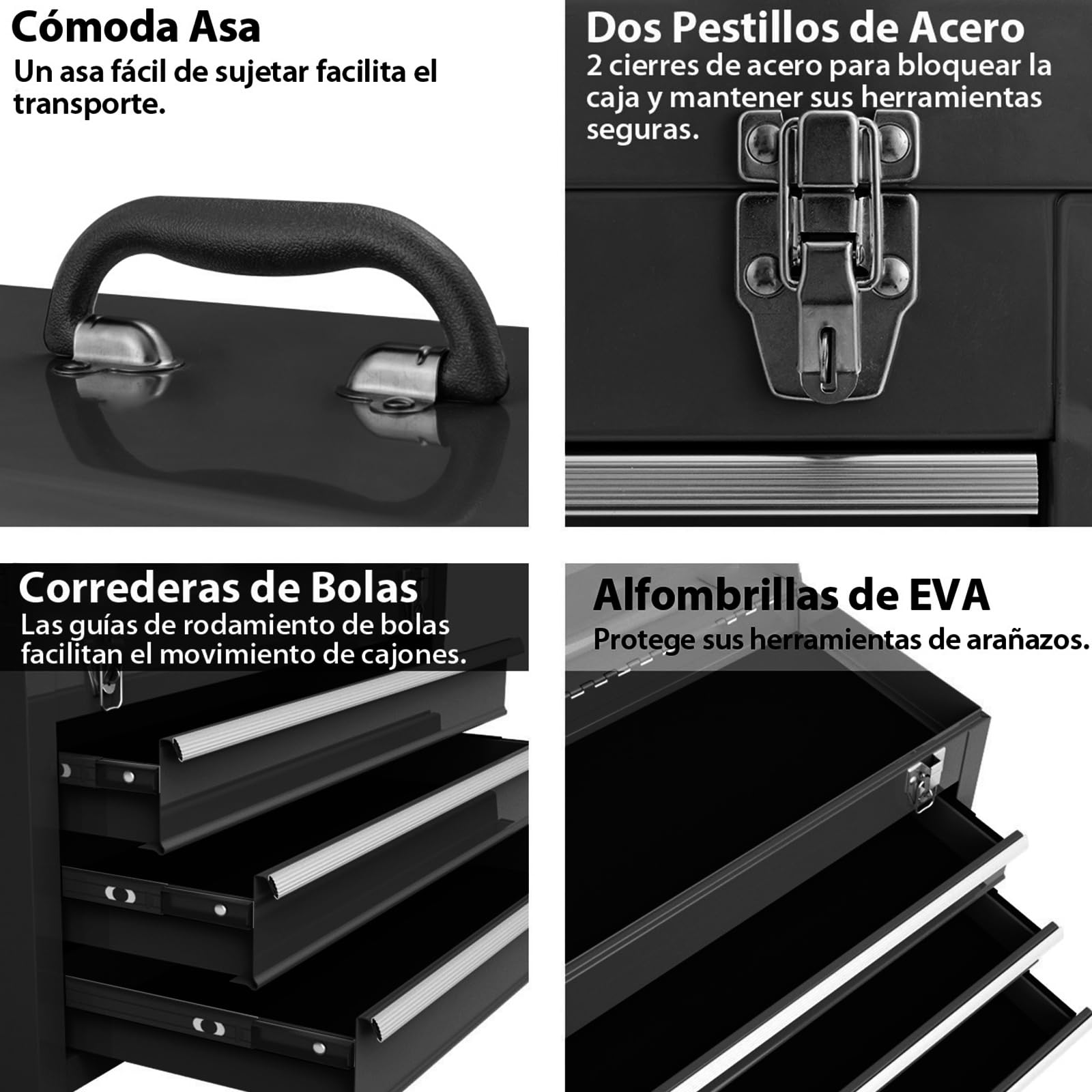 COSTWAY Caja de Herramientas de Metal Portátil, Maletín de Herramientas con 3 Cajones y Bandeja de Almacenamiento Superior, Caja Herramientas con Sistema de Doble Pestillo y Asa (Negro)