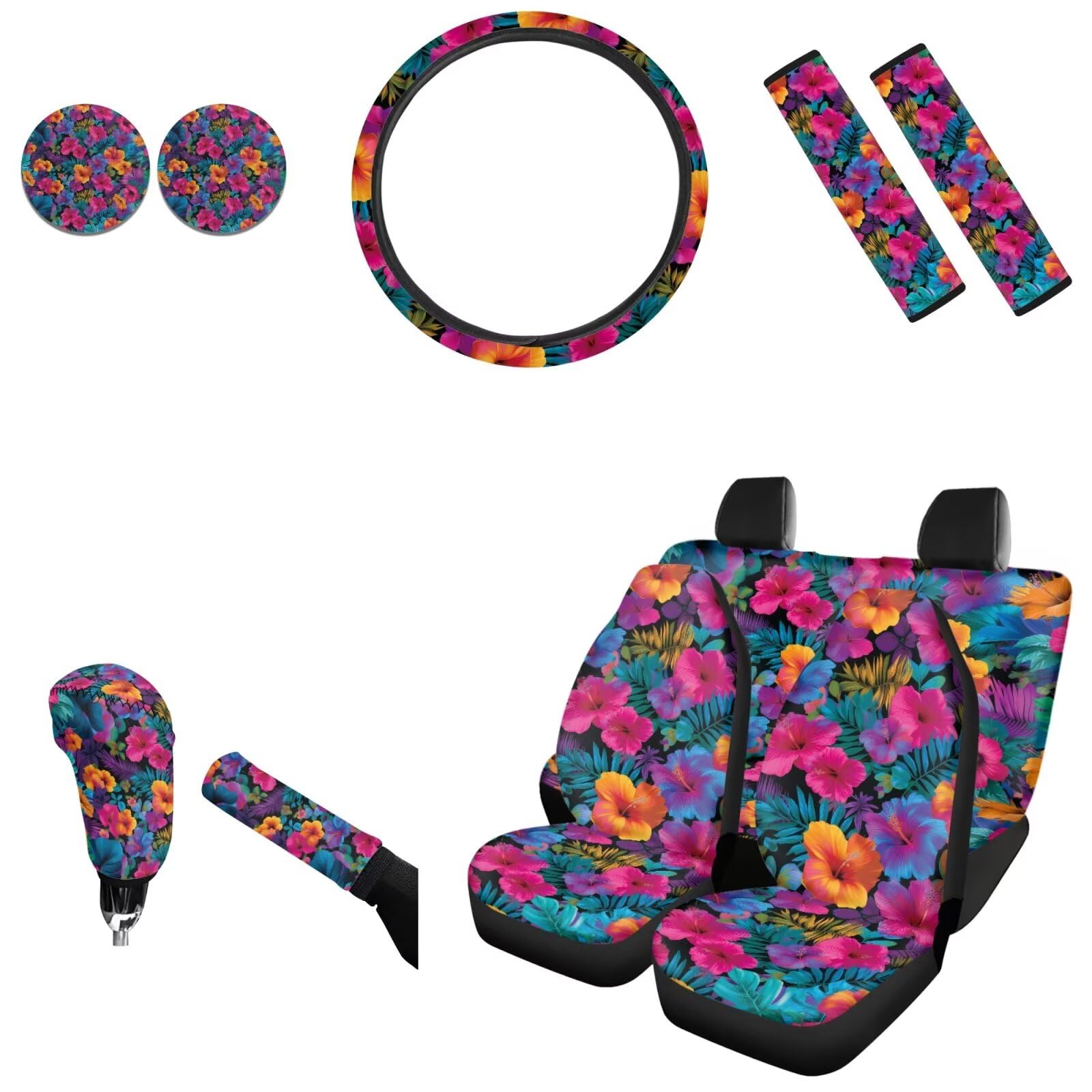 AFPANQZ Tropical Flowers 11 Pieces Auto Accessories Set Car Seat Decoration Covers Full Set with Hand Brake Cover + Gear Shift Knob Cover + Seat Belt