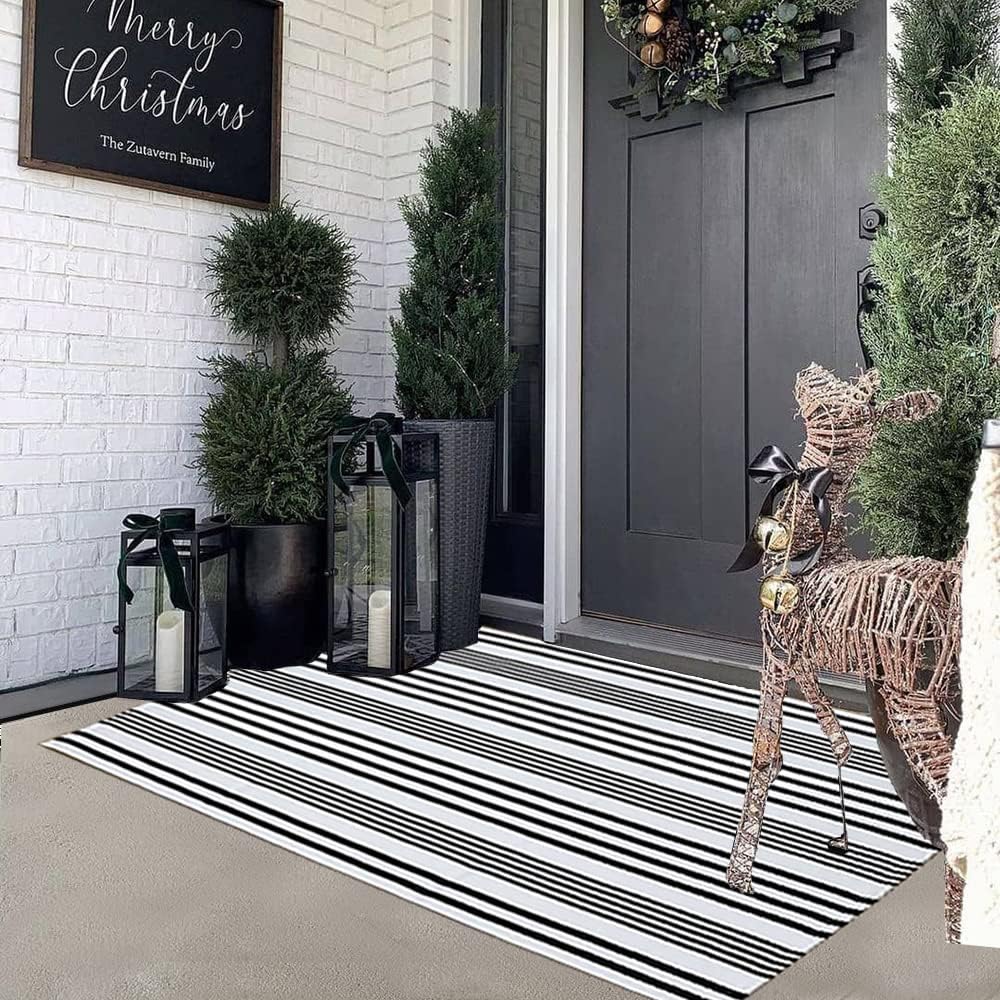 KaHouen Black and White Striped Outdoor Rug 27.5"x43", Front Porch Rug, Hand Woven