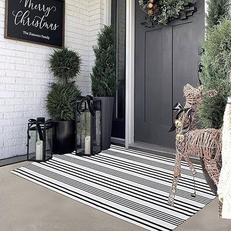 Black and White Striped Outdoor Rug 27.5"x43", Hand Woven Cotton Washable for Layered Door Mats