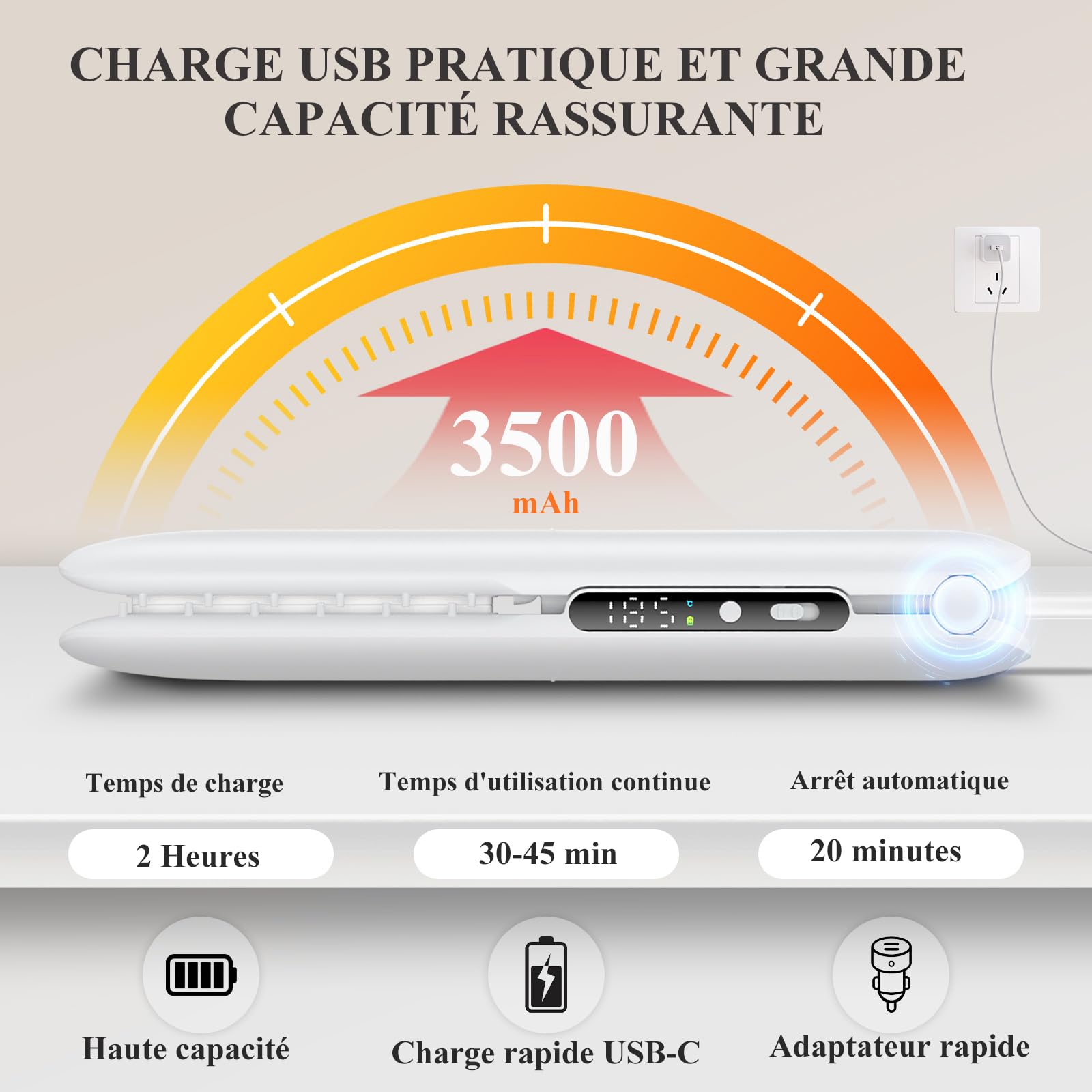 Lisseur Sans Fil, Lisseur Boucleur Cheveux 2 en 1, Mini Lisseur de Voyage sans Fil Rechargeable USB, Lisser Portable Utilisable Pendant la Charge, 3 Niveaux de Température, Affichage LCD