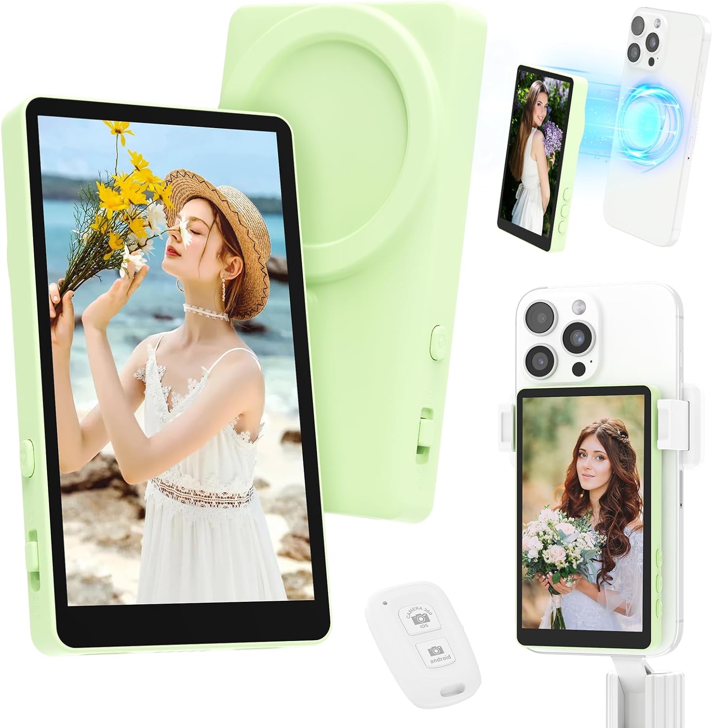 Selfie Monitor Screen, Vlog 4K 30fps Video Recording for iPhone & Android Using Phone Rear Camera for Selfie Vlog Live Stream TikTok, Bluetooth Remote Control, Content Creator Essentials (Green)