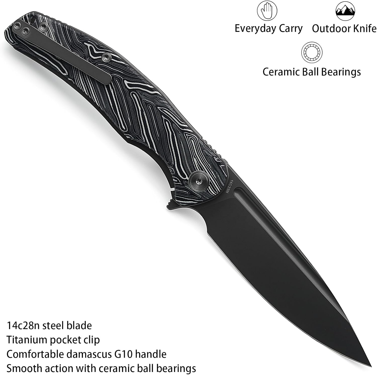 M Miguron Velona Flipper Folding Knife 4.03" Dark Grey PVD 14c28n Blade Black Damascus G10 Handle With Titanium Pocket Clip Camping Hiking Pocket Knife MGR-8003DBKII