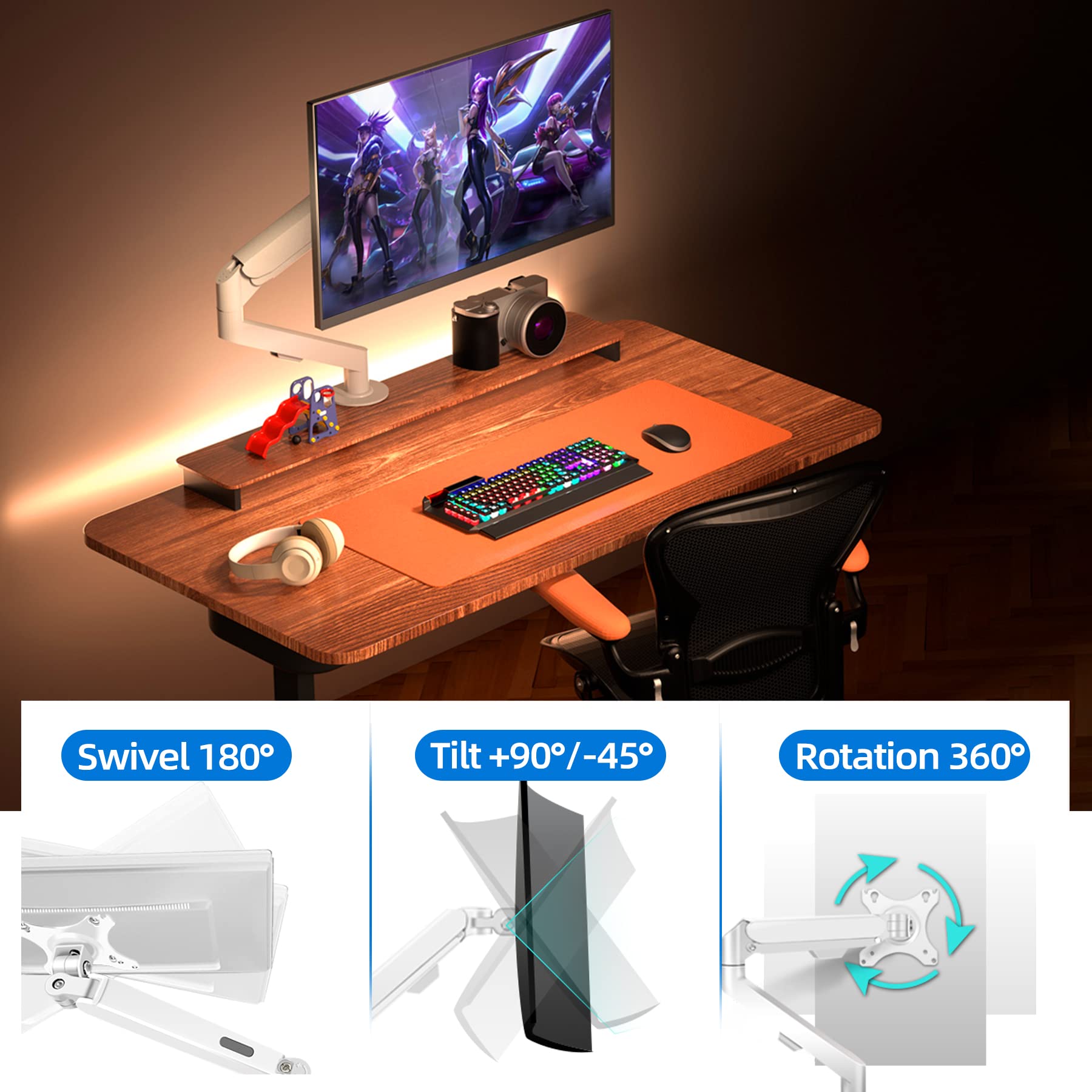 Blanco Brazo de Monitor Resorte Gas 360° 17-34 Pulgadas 9kg VESA 75x100mm 2 Montajes M5W