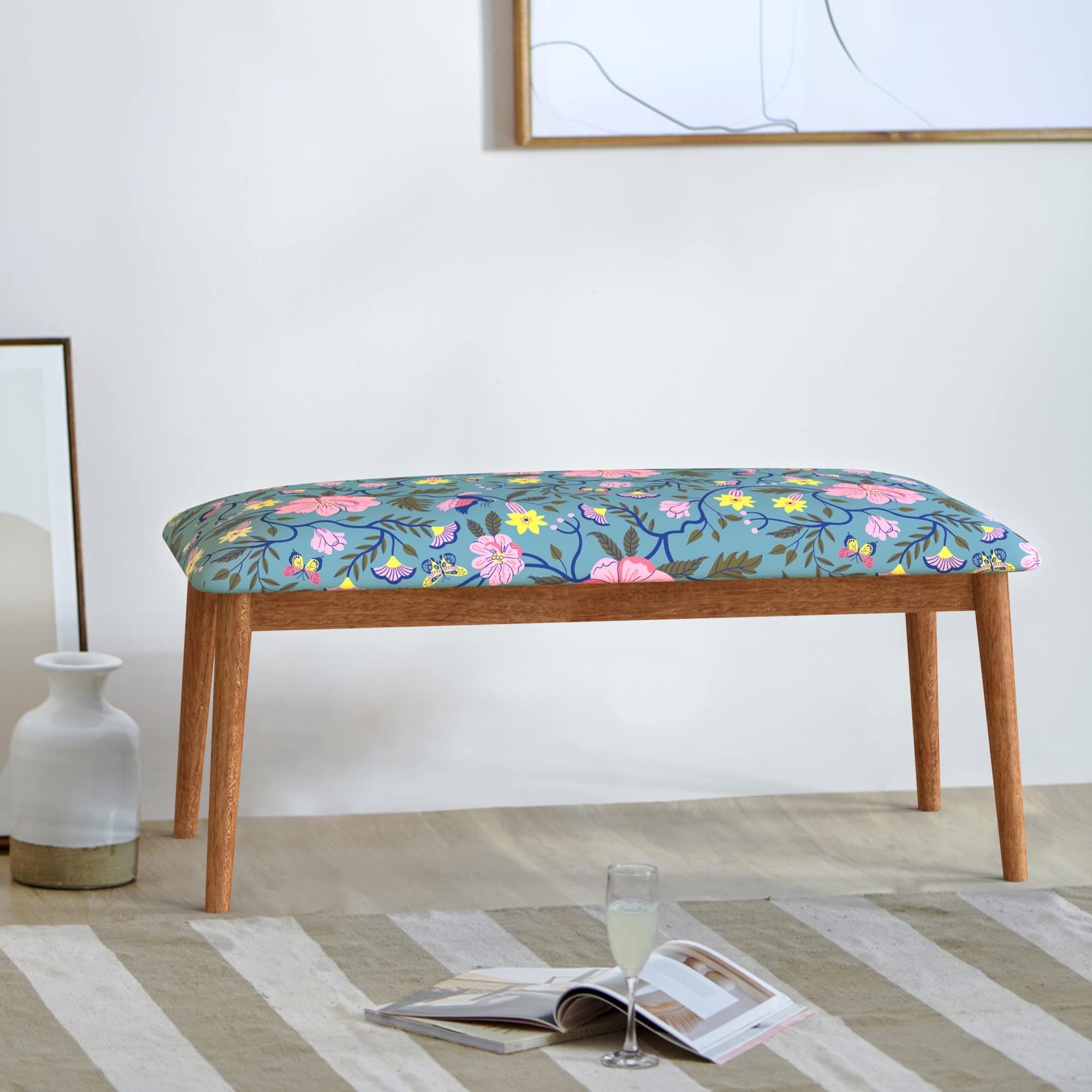 Chumbak Jodhpur Bench - Spring Bloom (2 Seater Bench, Sheesham Wood, Teal)-image-16