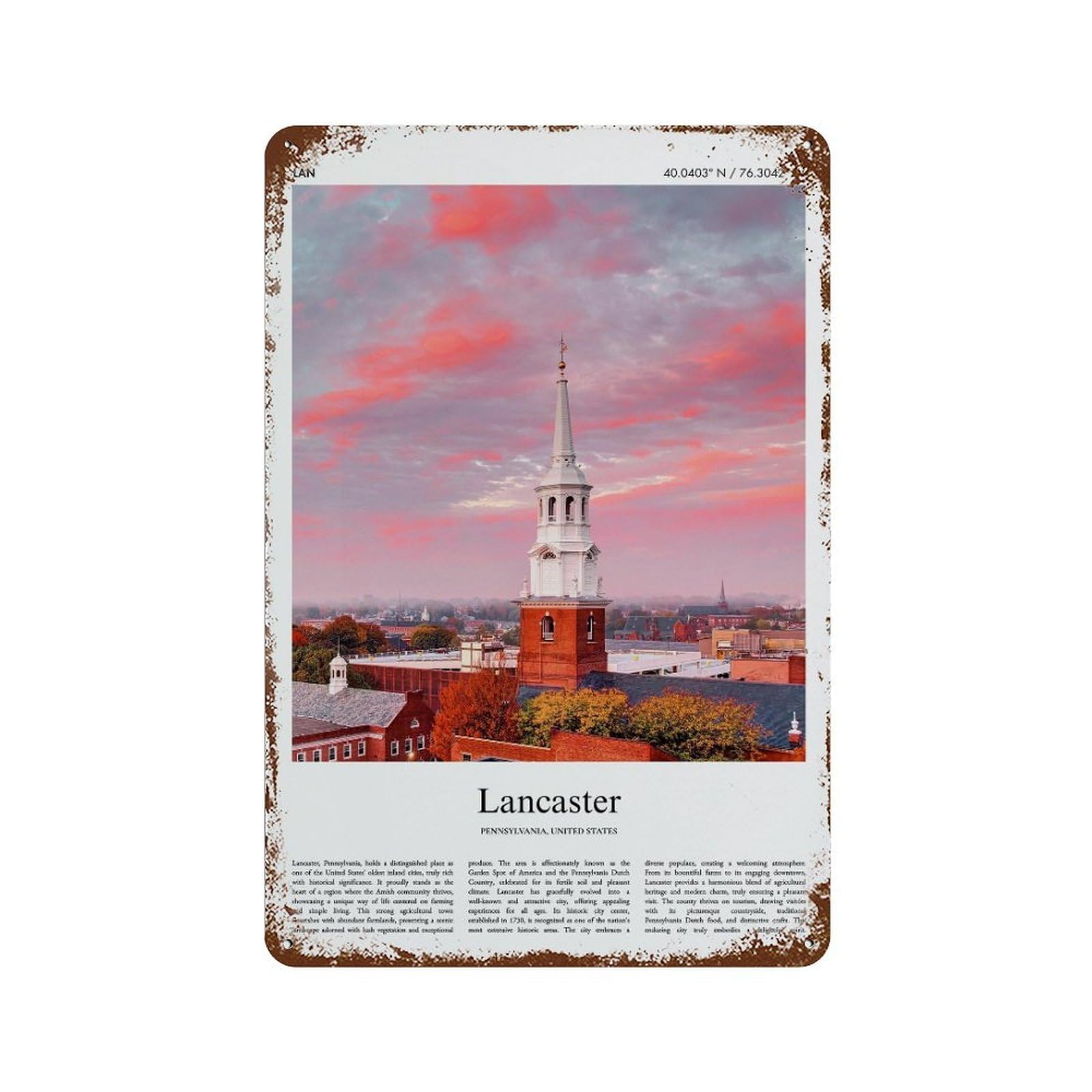 xiaoxiaoshen Lancaster Pennsylvania, United States, USA City Scenery Wall Decor Art Metal Tin Poster Modern Home Decor Art Home Bar Shop Decorations Vintage Sign 30x20cm