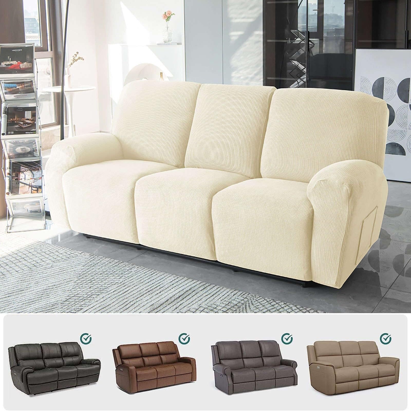 Copridivano Relax Reclinabile Elasticizzato 2 Posti, Copripoltrona Relax Reclinabile Universale con Tasche, 6-Pezzi Fodera per Poltrona Lavabile(Beige,3 posti)