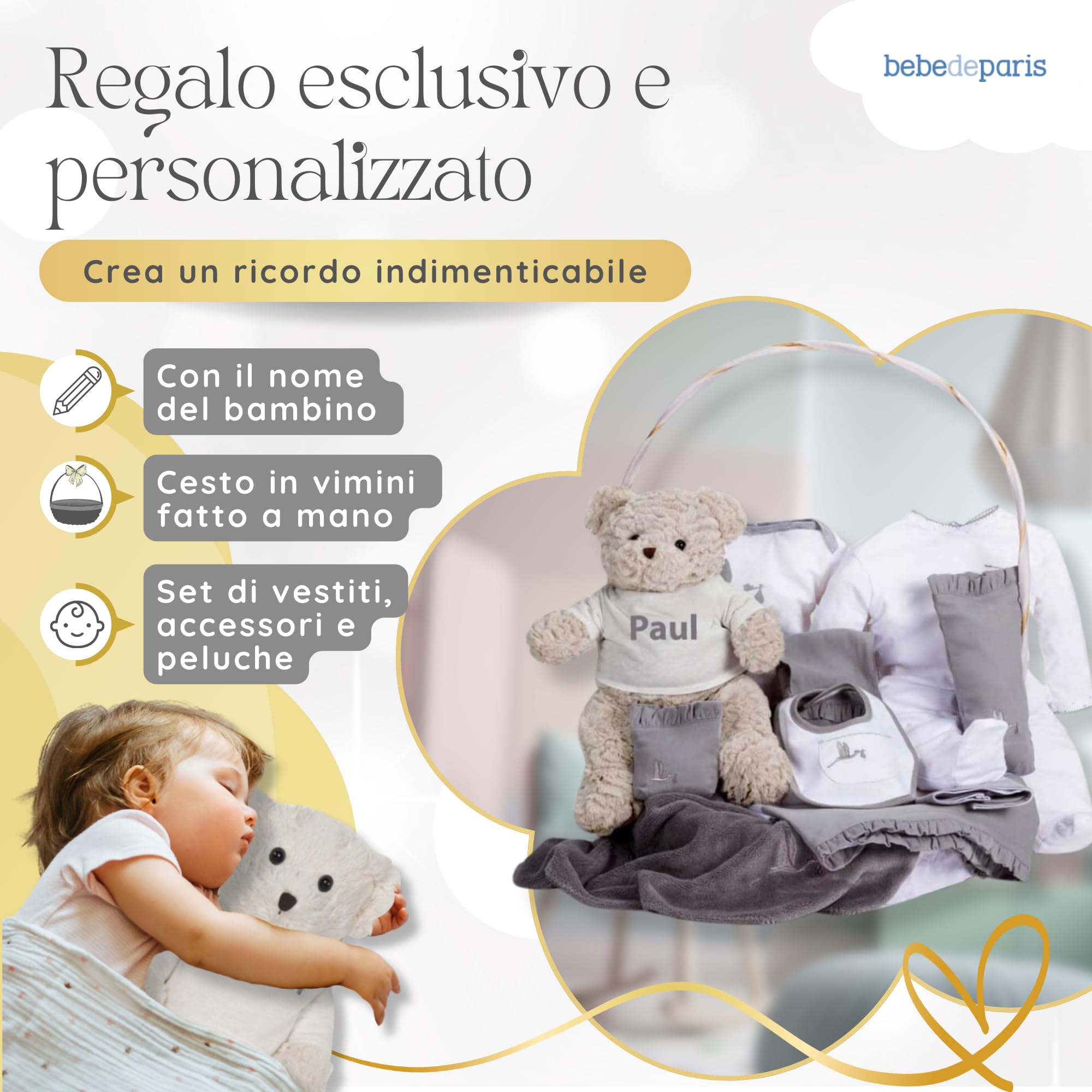 Regalo Neonato Maschio Femmina | Cesto classico per neonati | Cesto regalo personalizzato per neonati | 3/6 mesi (grigio) | BebeDeParis