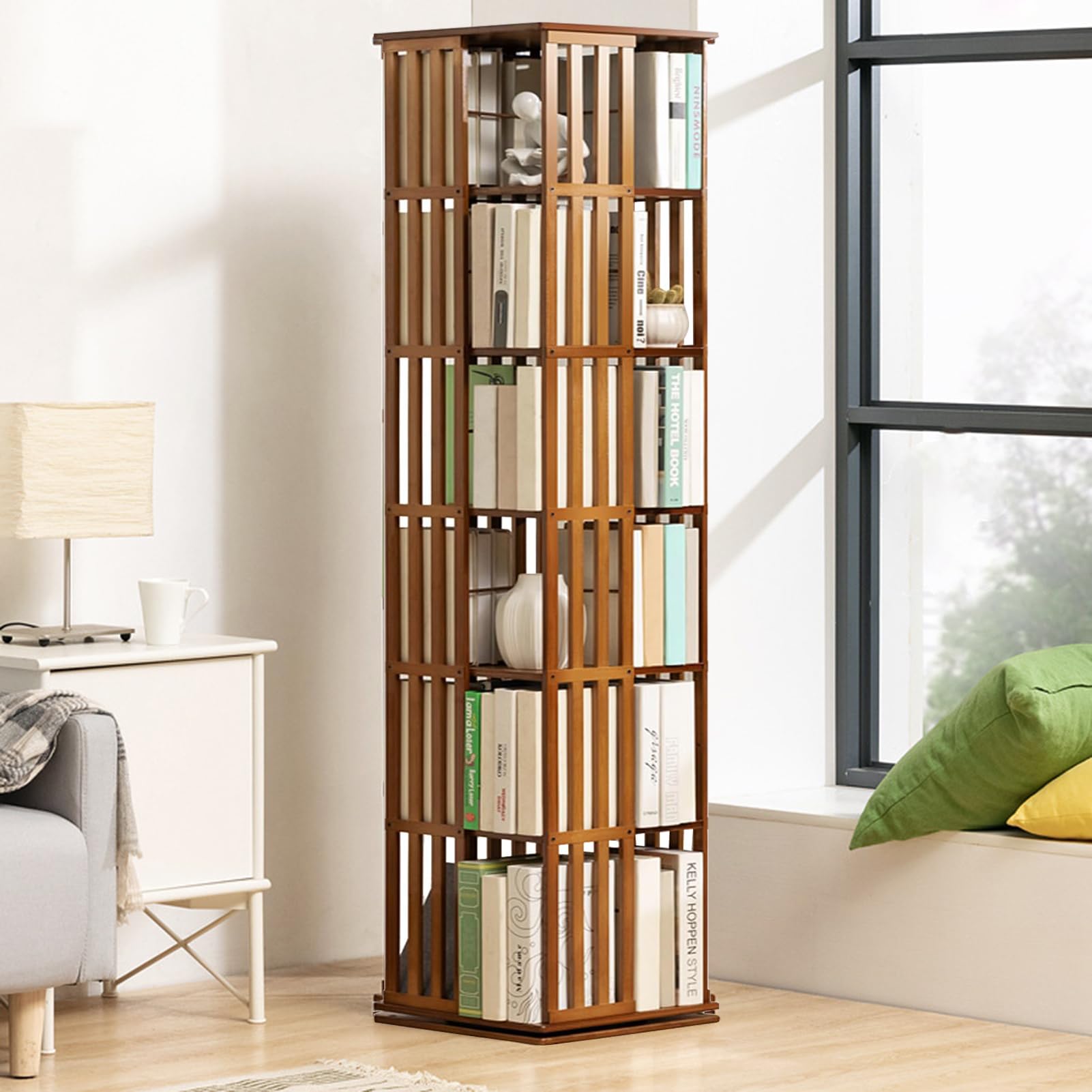 Libreria girevole in bambù a piani girevole a 360° con vetrina angolare, scaffale per libri e decorazioni, scaffale per bambini e adulti, libreria multifunzionale (6 strato)