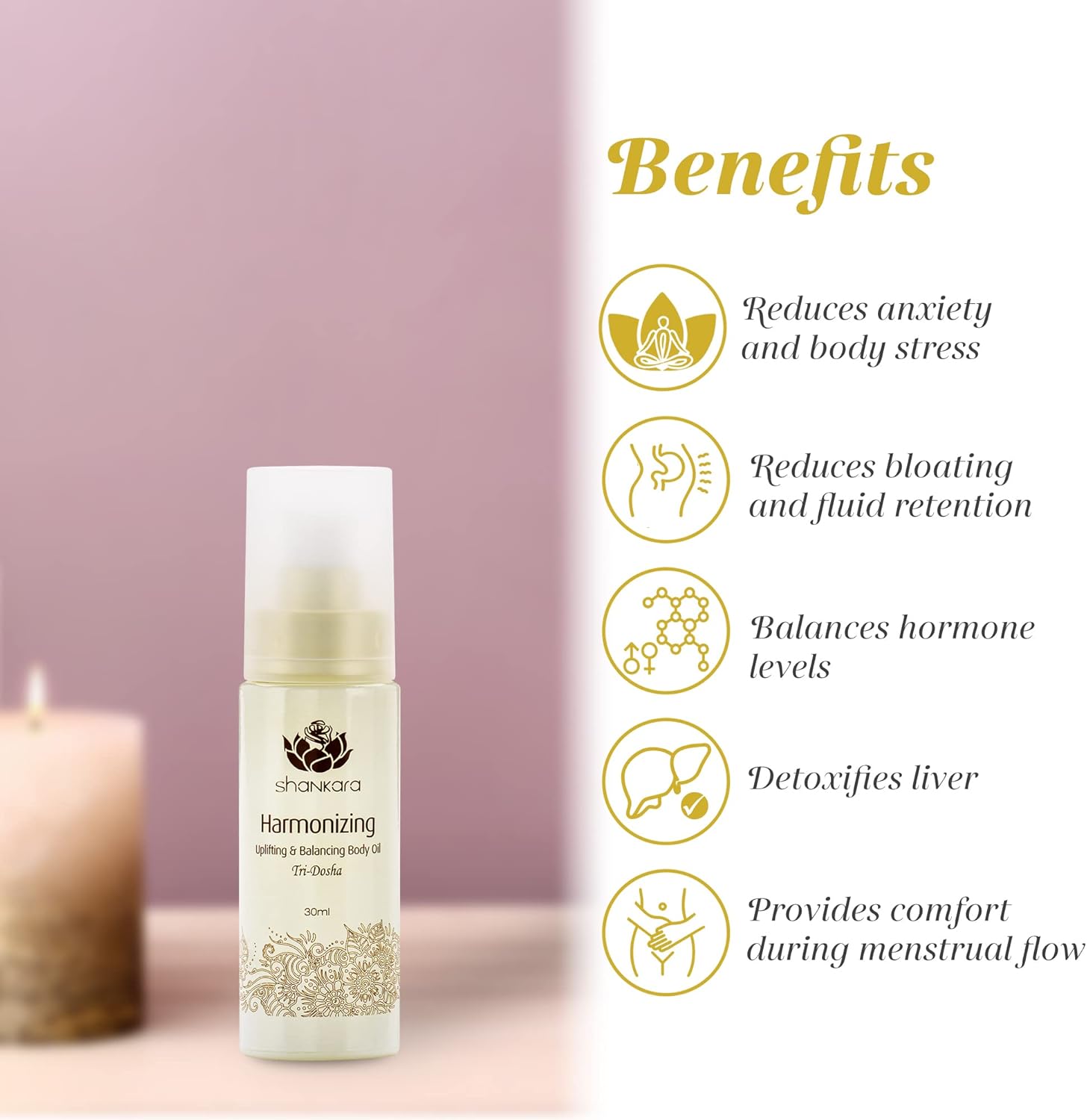 Shankara Harmonizing Body Oil - Uplifting Massage Oil for Hormonal Balance - Ayurvedic Daily Moisturizer - pH Balanced, Rich in Essential Oils, Vitamins, Antioxidants - for All Skin Types - 30 ml
