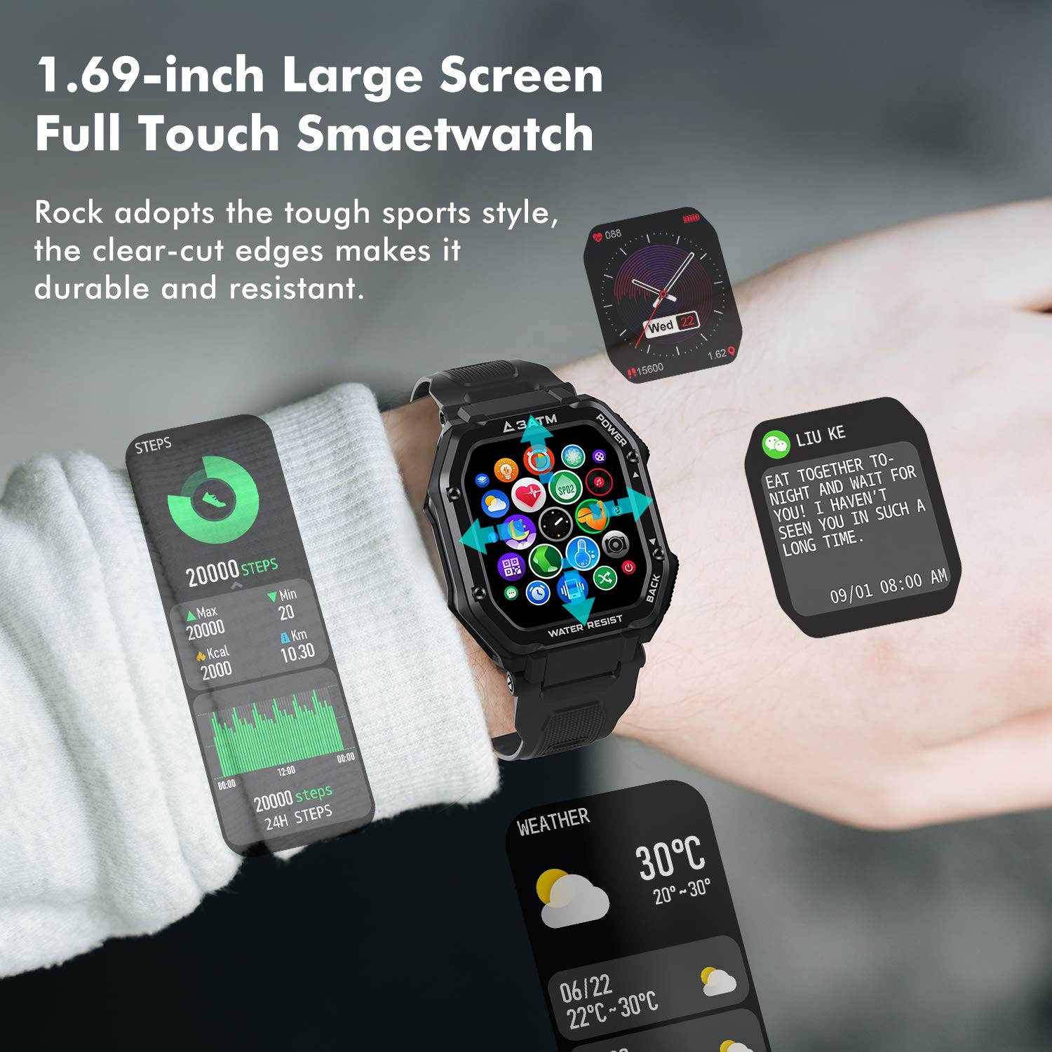 KOSPET Rock Smartwatch 1,69 cala, 3 ATM, wodoszczelny zegarek fitness z pomiarem ciśnienia krwi, pulsometrem, krokomierzem, tracker fitness, 20+ trybów sportowych, outdoorowy Smart Watch męski (czarny